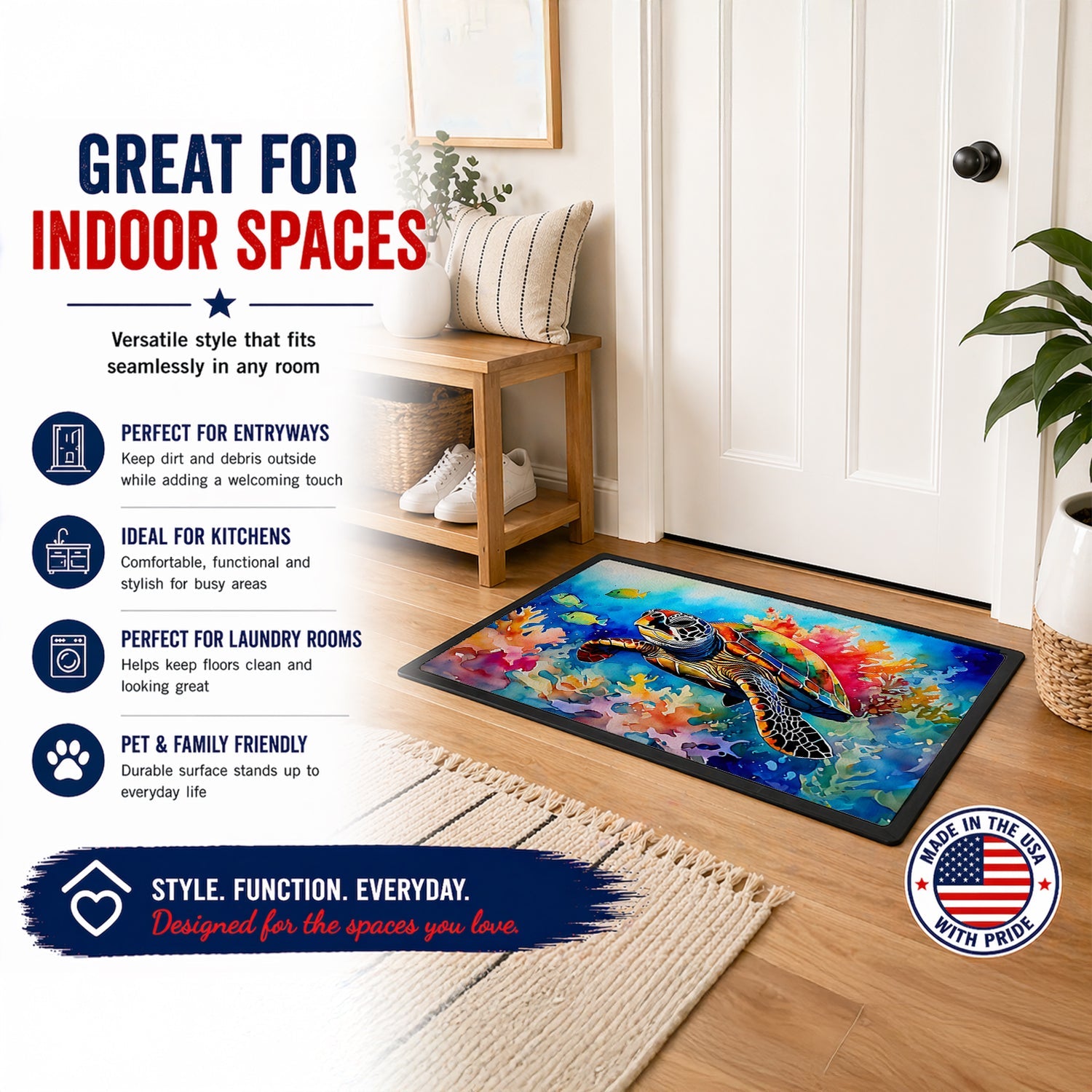 Loggerhead Sea Turtle Doormat Indoor Outdoor 18H X 27W Front Door Mat Rugs for Entryway, Non Slip Washable