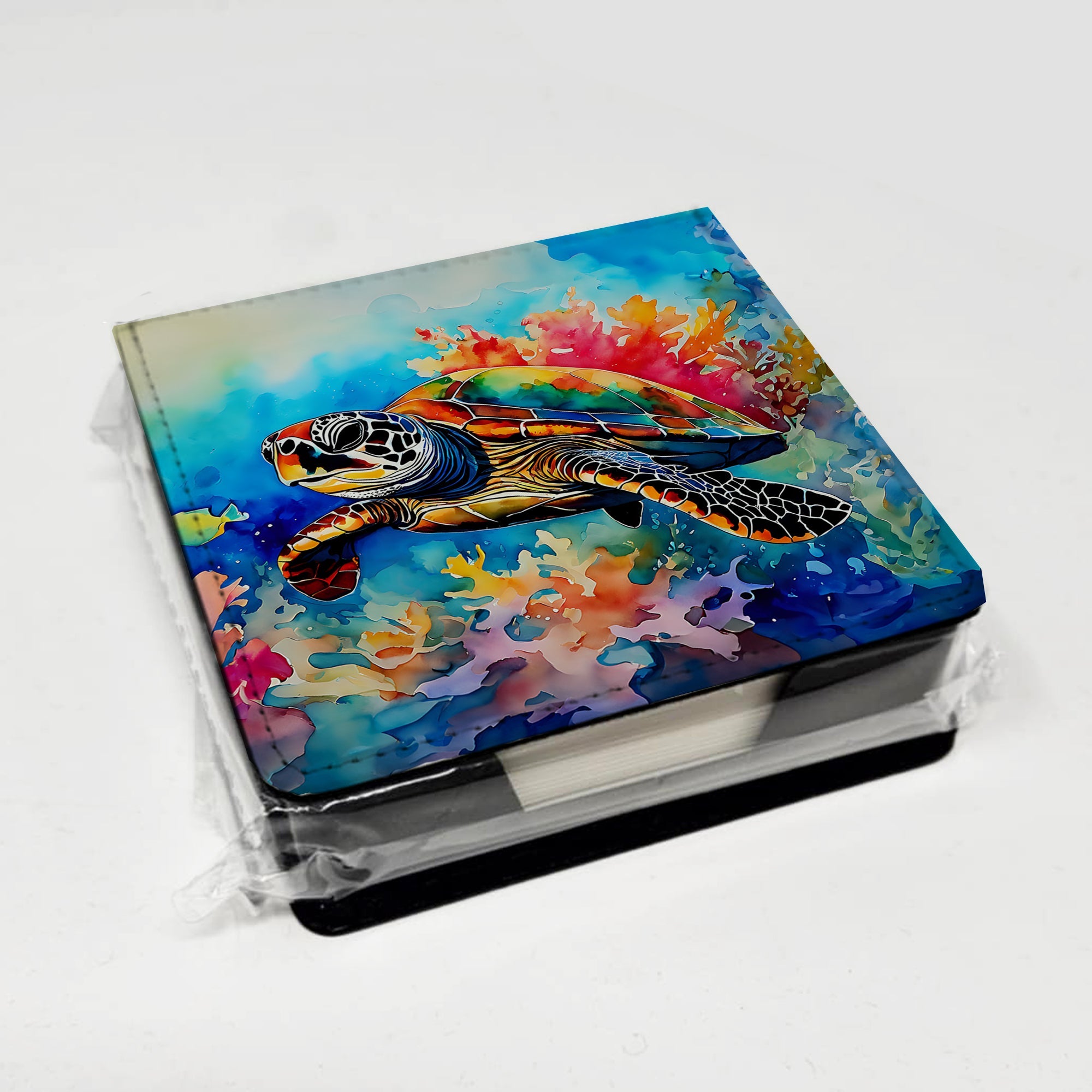 Loggerhead Sea Turtle PU Leather Note Paper Holder with Artist-Designed Cover, Desk Accessory, Office Gift