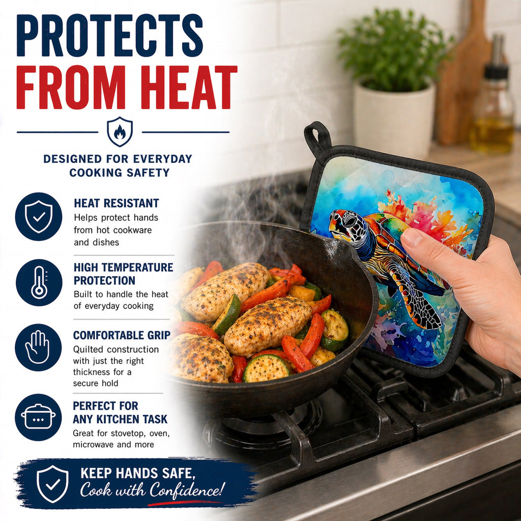 Loggerhead Sea Turtle Pot Holder Set of 2 Heat Resistant Quilted Hot Pads 7.5 x 7.5 Inch, Insulated Kitchen Trivets for Cooking & Baking