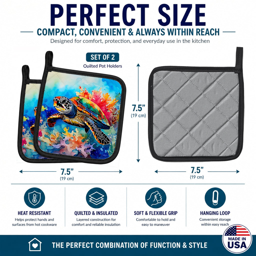 Loggerhead Sea Turtle Pot Holder Set of 2 Heat Resistant Quilted Hot Pads 7.5 x 7.5 Inch, Insulated Kitchen Trivets for Cooking & Baking