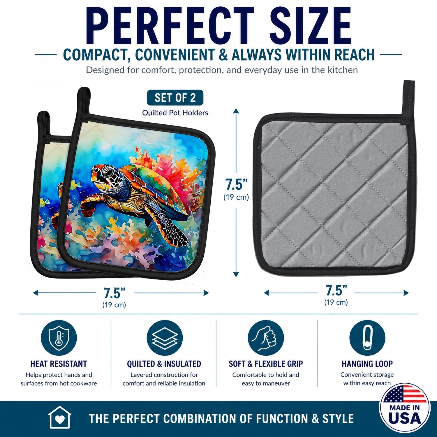 Loggerhead Sea Turtle Pot Holder Set of 2 Heat Resistant Quilted Hot Pads 7.5 x 7.5 Inch, Insulated Kitchen Trivets for Cooking & Baking