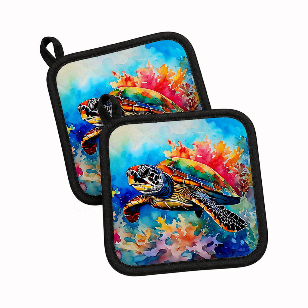 Loggerhead Sea Turtle Pot Holder Set of 2 Heat Resistant Quilted Hot Pads 7.5 x 7.5 Inch, Insulated Kitchen Trivets for Cooking & Baking