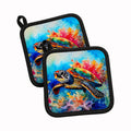 Loggerhead Sea Turtle Pot Holder Set of 2 Heat Resistant Quilted Hot Pads 7.5 x 7.5 Inch, Insulated Kitchen Trivets for Cooking & Baking