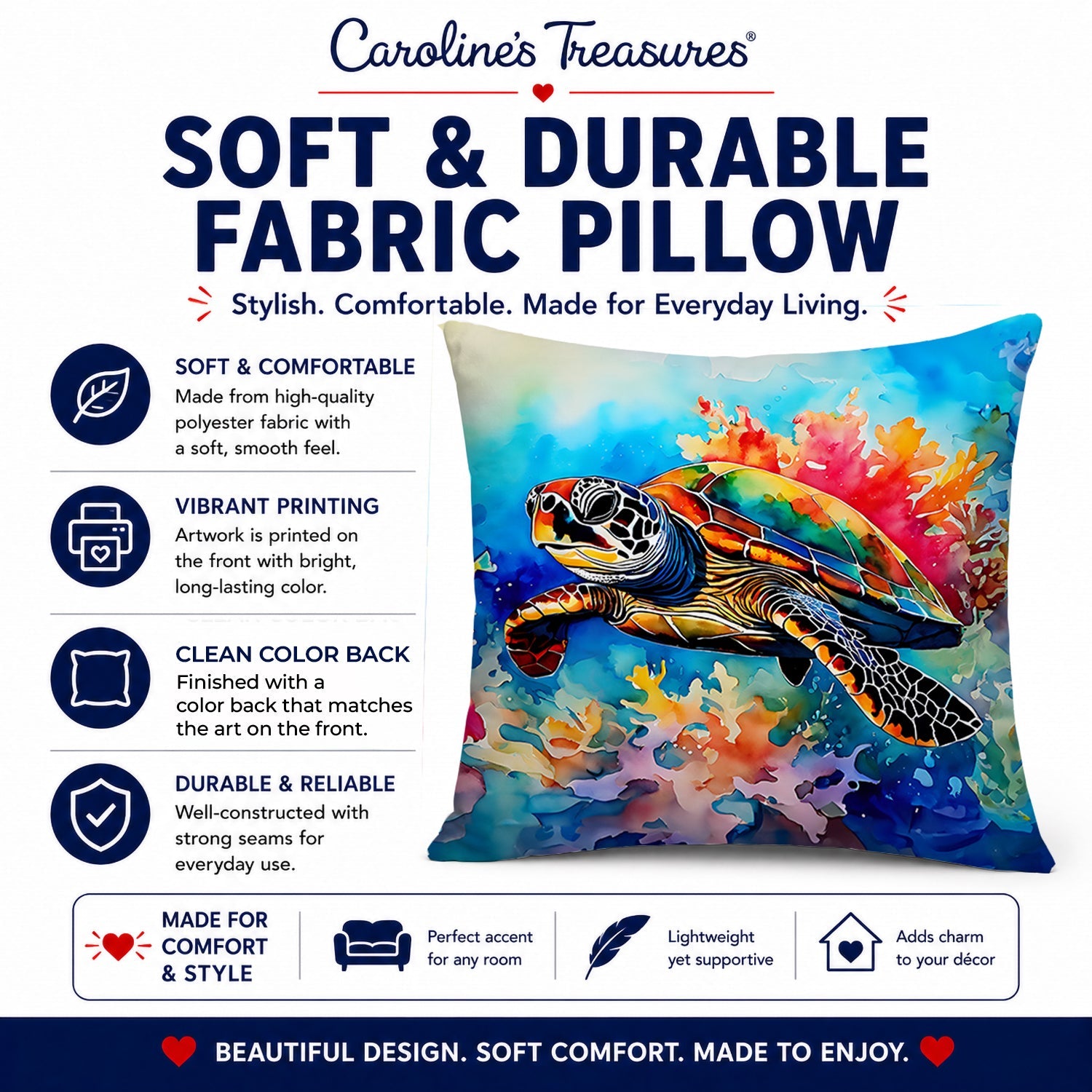 Loggerhead Sea Turtle Decorative Throw Pillow 14x14 Indoor Outdoor Accent Cushion, Fabric Cover with Insert for Sofa, Bed, Porch & Living Room