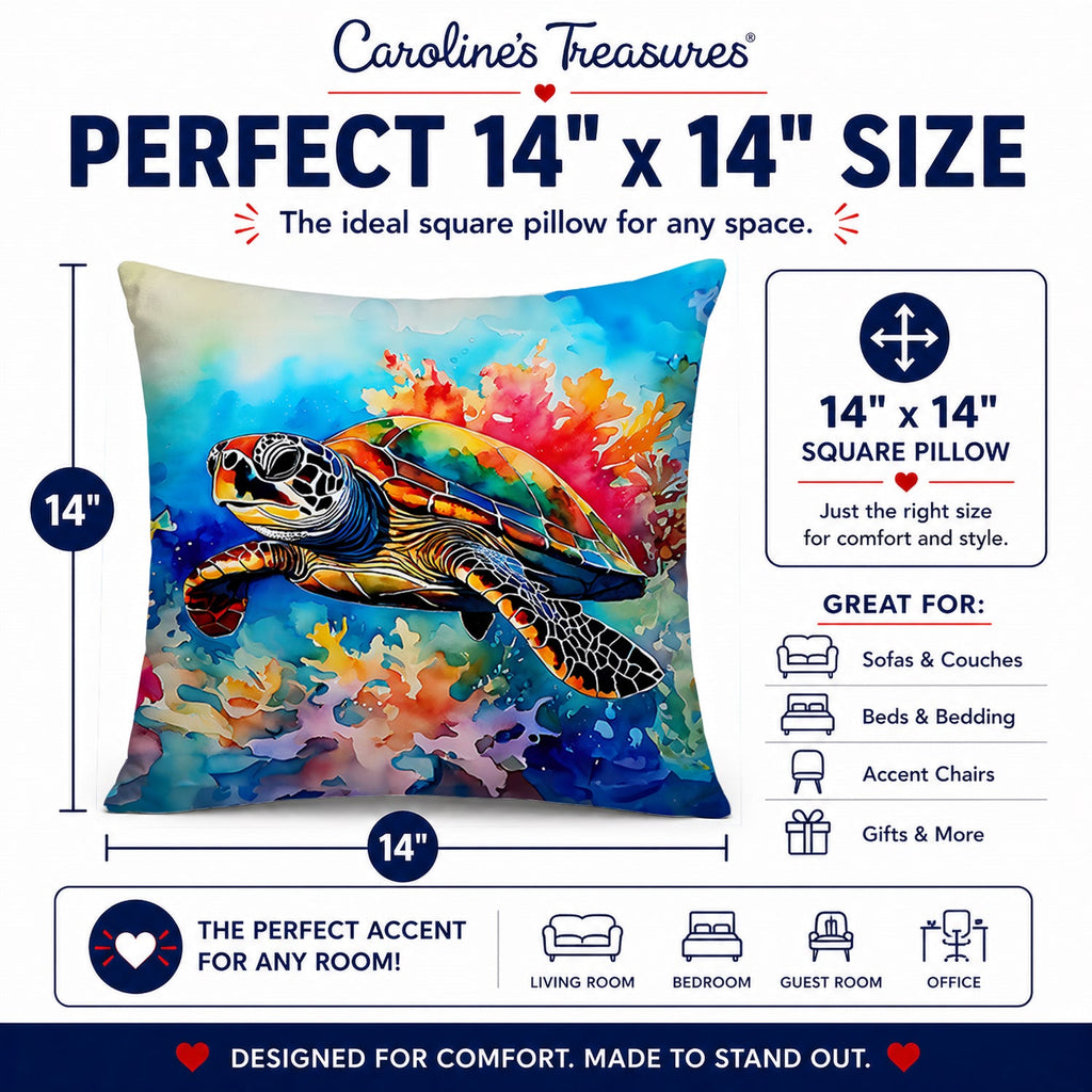 Loggerhead Sea Turtle Decorative Throw Pillow 14x14 Indoor Outdoor Accent Cushion, Fabric Cover with Insert for Sofa, Bed, Porch & Living Room