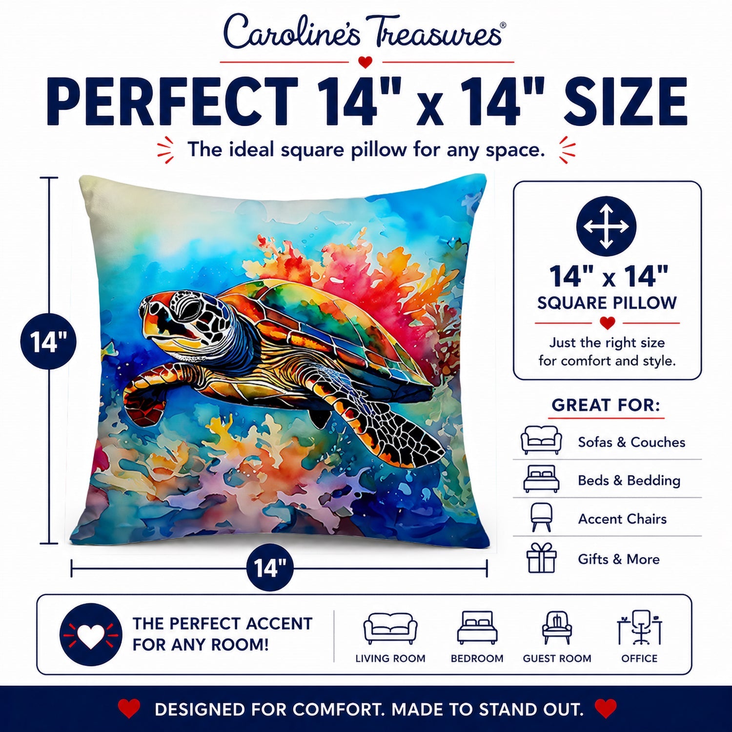 Loggerhead Sea Turtle Decorative Throw Pillow 14x14 Indoor Outdoor Accent Cushion, Fabric Cover with Insert for Sofa, Bed, Porch & Living Room