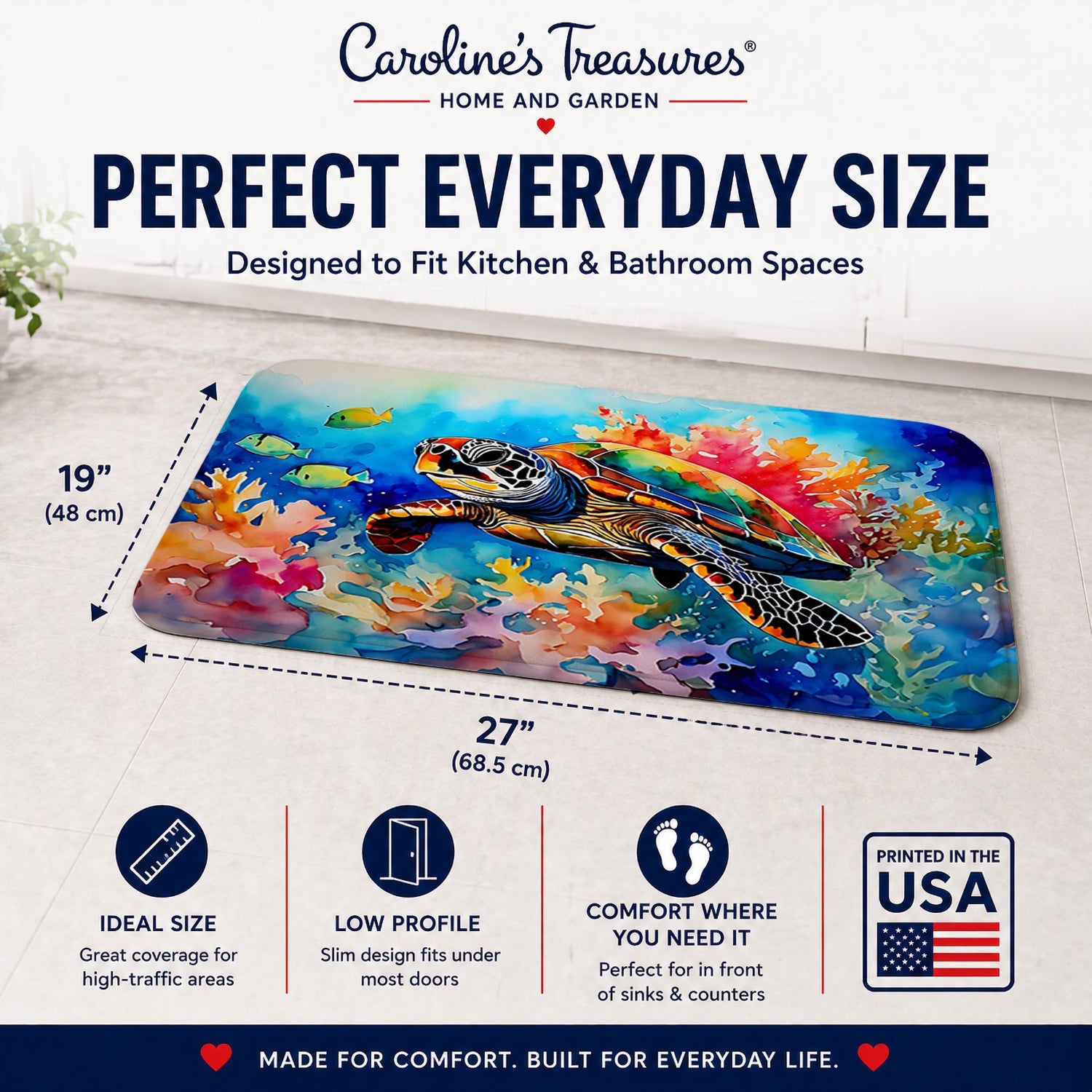 Loggerhead Sea Turtle Memory Foam Kitchen Mat Machine Washable Anti-Fatigue Cushion Comfort Bath or Kitchen Rug