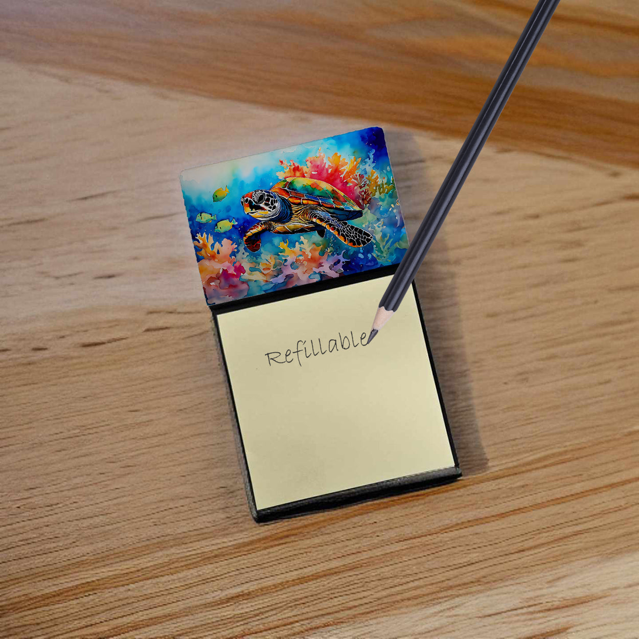 Loggerhead Sea Turtle Watercolor Sticky Note Holder Refillable Dispenser Desk Accessory 3x3 Pad Gift
