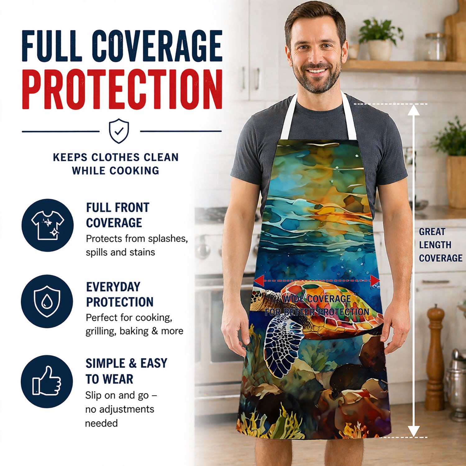 Loggerhead Sea Turtle Apron Cooking Kitchen Server Baking Crafts Gardening for Adult Women Men, Unisex, Large, Multicolor