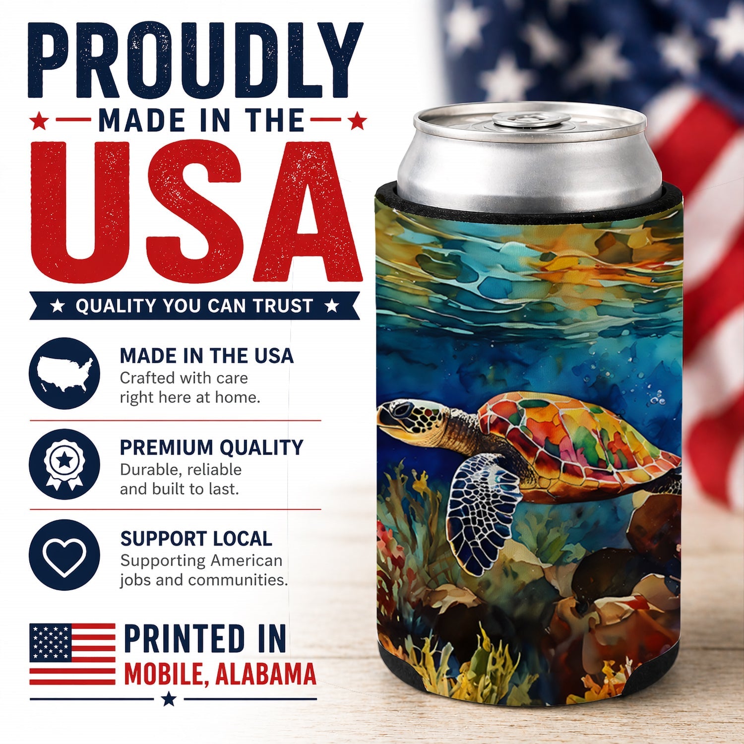 Loggerhead Sea Turtle Can or Bottle Hugger Cooler Sleeve for Standard 12 oz Cans, Insulated Foam Beer & Soda Can Hugger Reusable