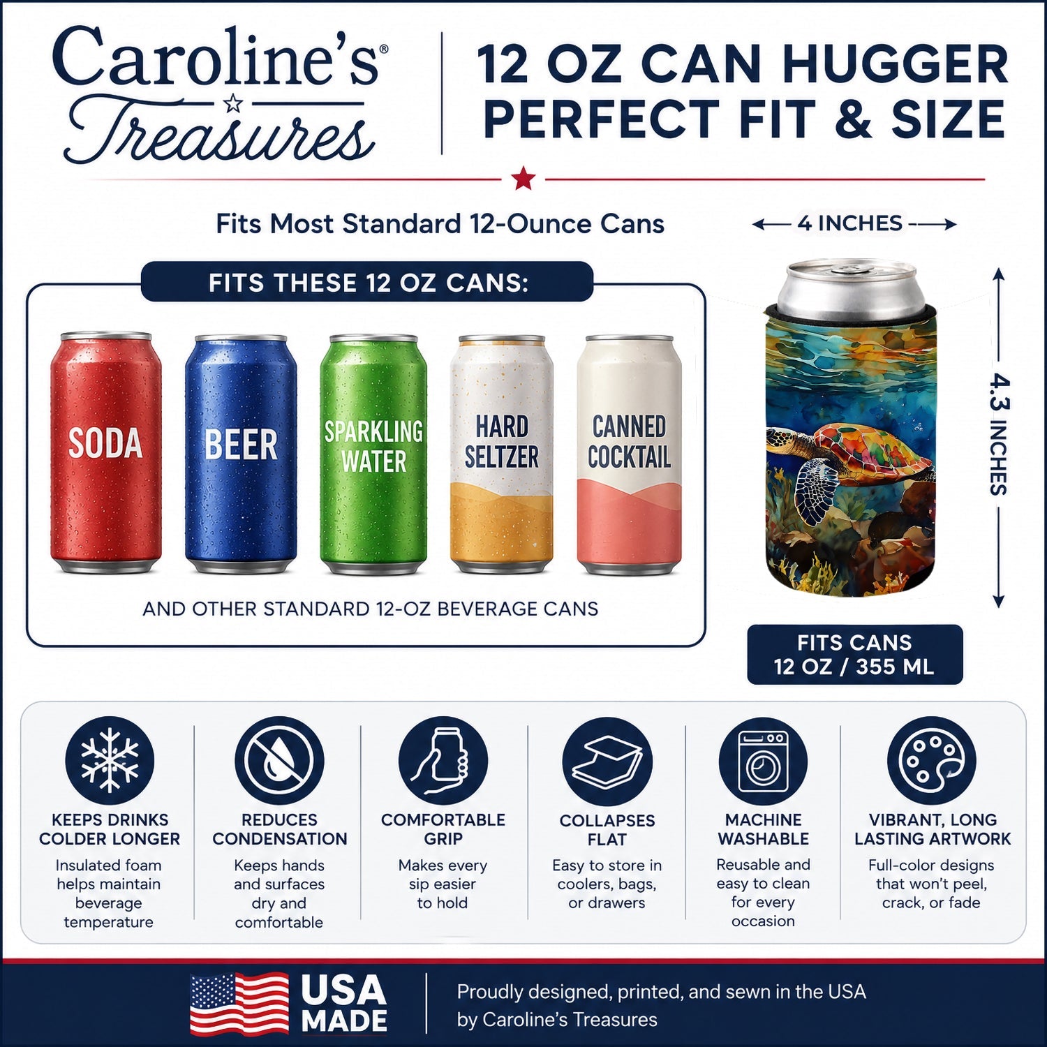 Loggerhead Sea Turtle Can or Bottle Hugger Cooler Sleeve for Standard 12 oz Cans, Insulated Foam Beer & Soda Can Hugger Reusable