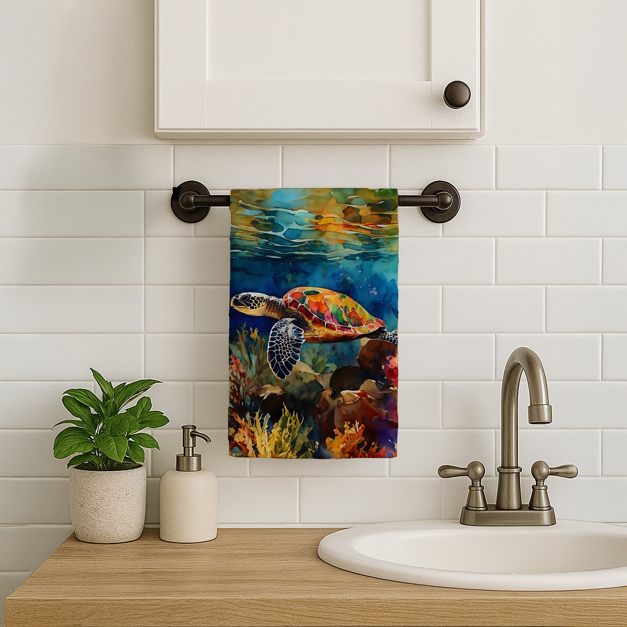 Loggerhead Sea Turtle Kitchen Towel Velour Plush Front and Cotton Loop Back Machine Washable