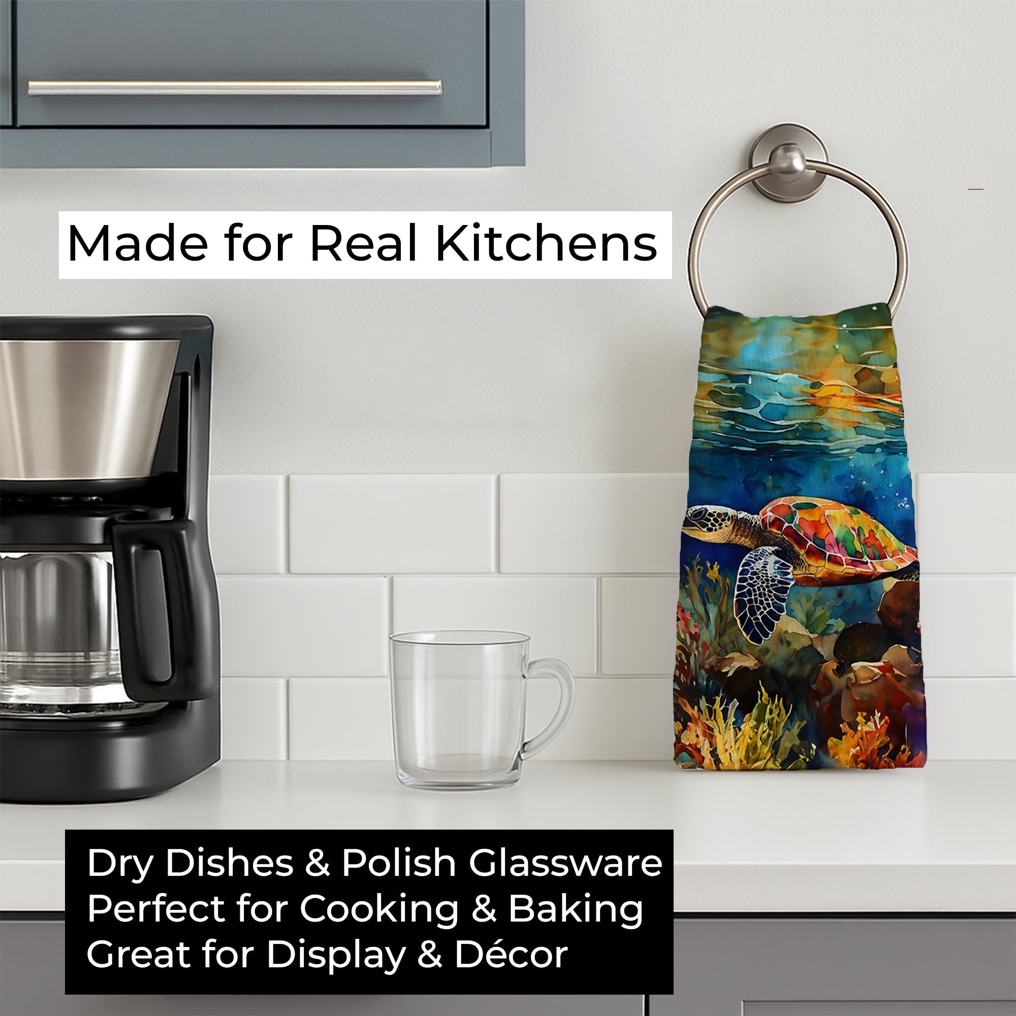 Loggerhead Sea Turtle Kitchen Towel Velour Plush Front and Cotton Loop Back Machine Washable