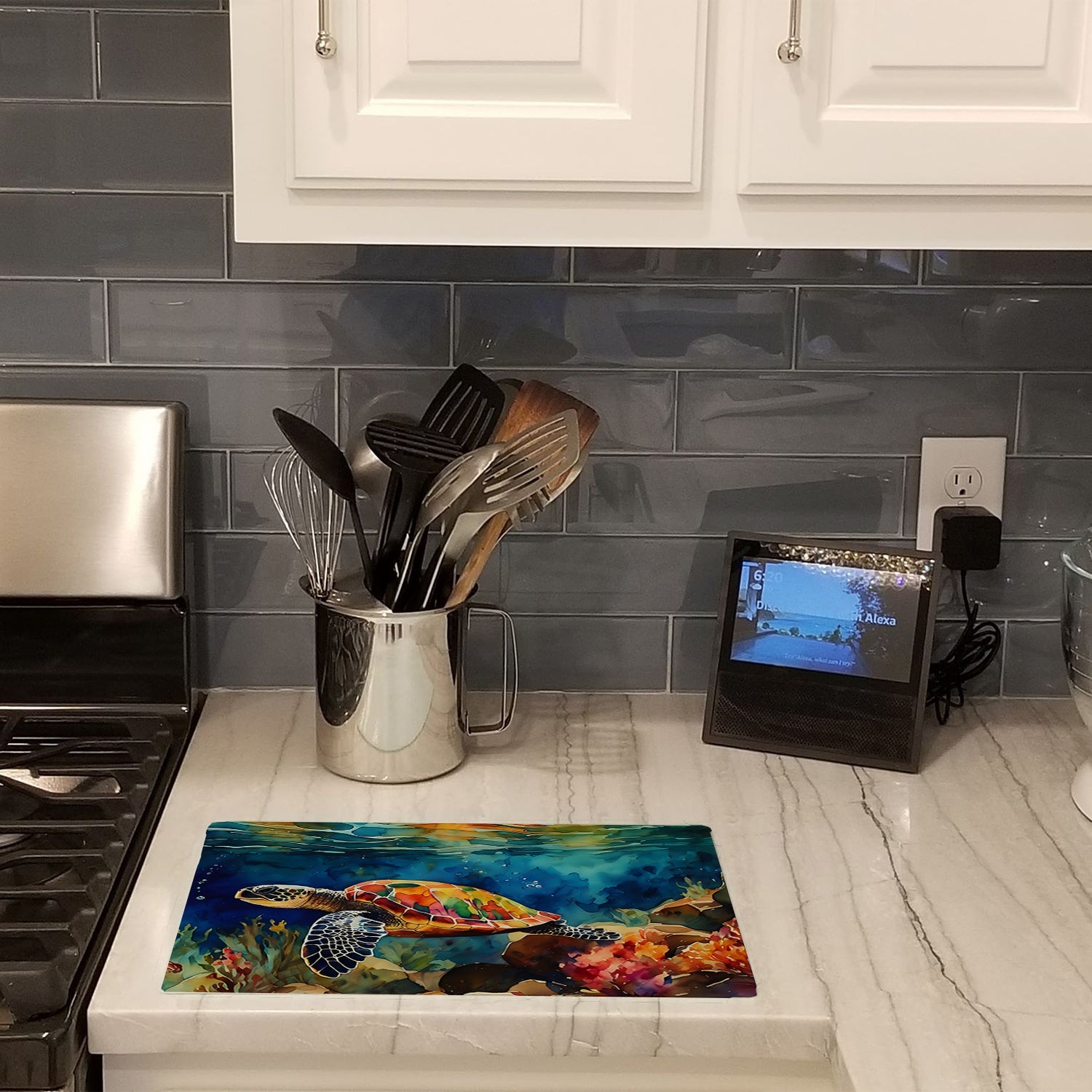 Loggerhead Sea Turtle Cutting Board Tempered Glass Kitchen Cutting Surface, Heat Resistant Chopping, Non-Slip Feet, Food Prep & Serving