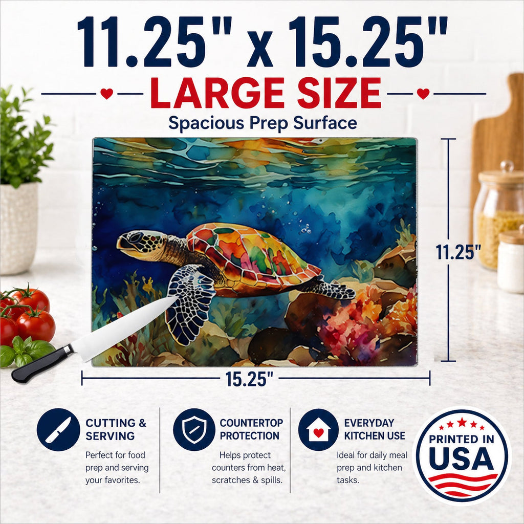 Loggerhead Sea Turtle Cutting Board Tempered Glass Kitchen Cutting Surface, Heat Resistant Chopping, Non-Slip Feet, Food Prep & Serving
