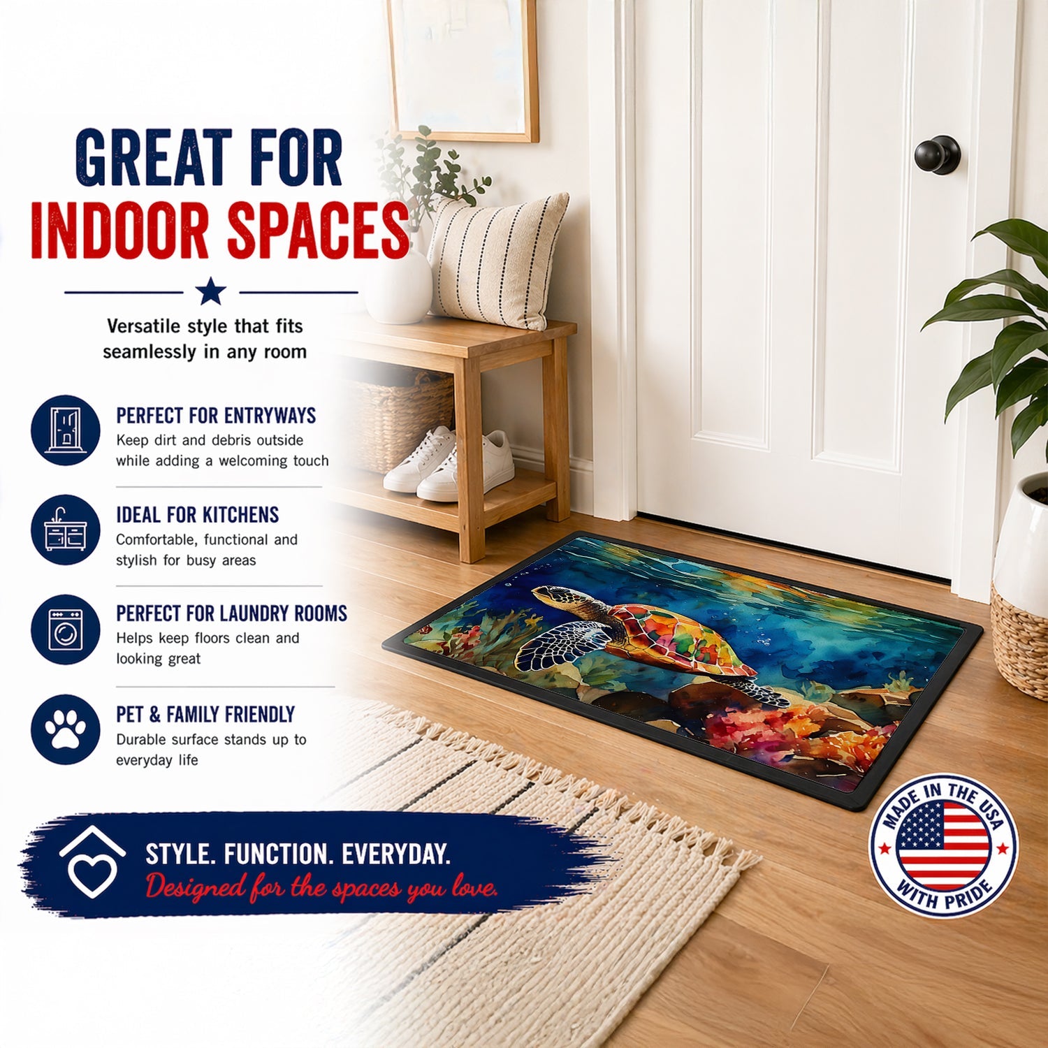 Loggerhead Sea Turtle Doormat Indoor Outdoor 18H X 27W Front Door Mat Rugs for Entryway, Non Slip Washable