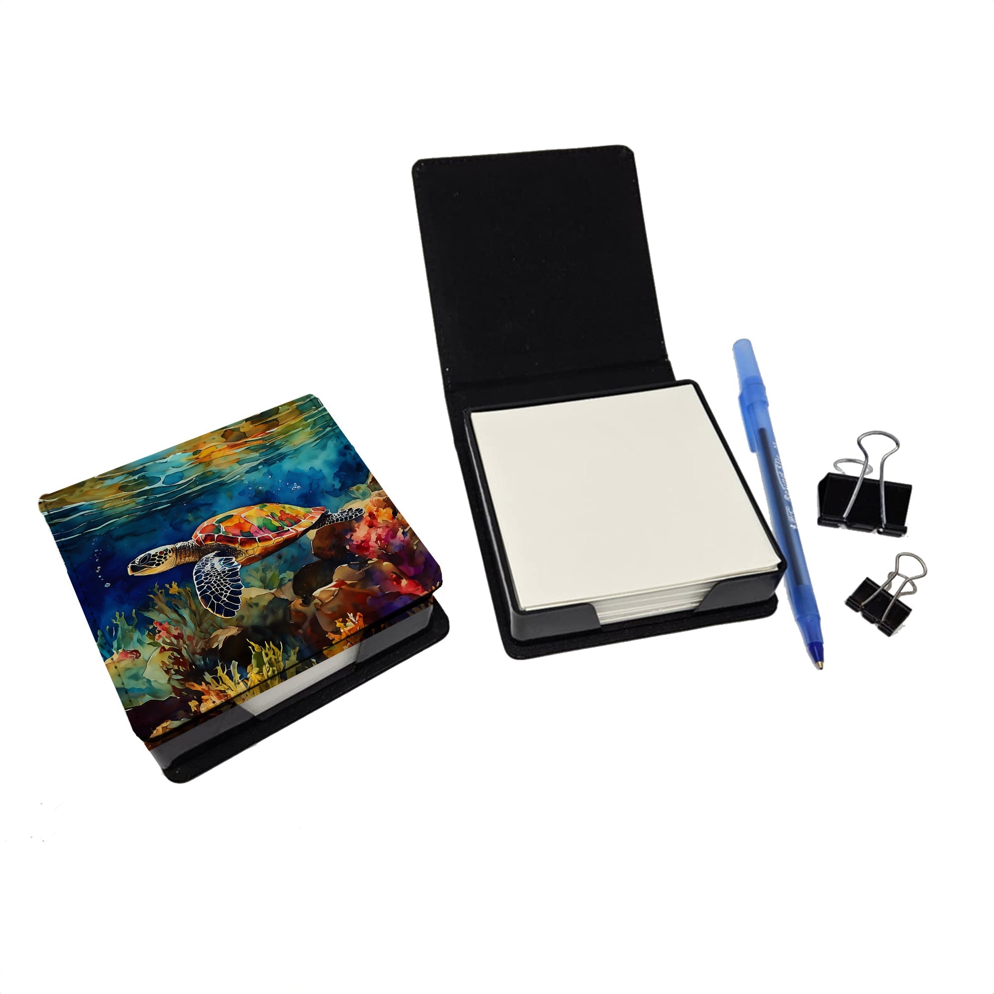 Loggerhead Sea Turtle PU Leather Note Paper Holder with Artist-Designed Cover, Desk Accessory, Office Gift
