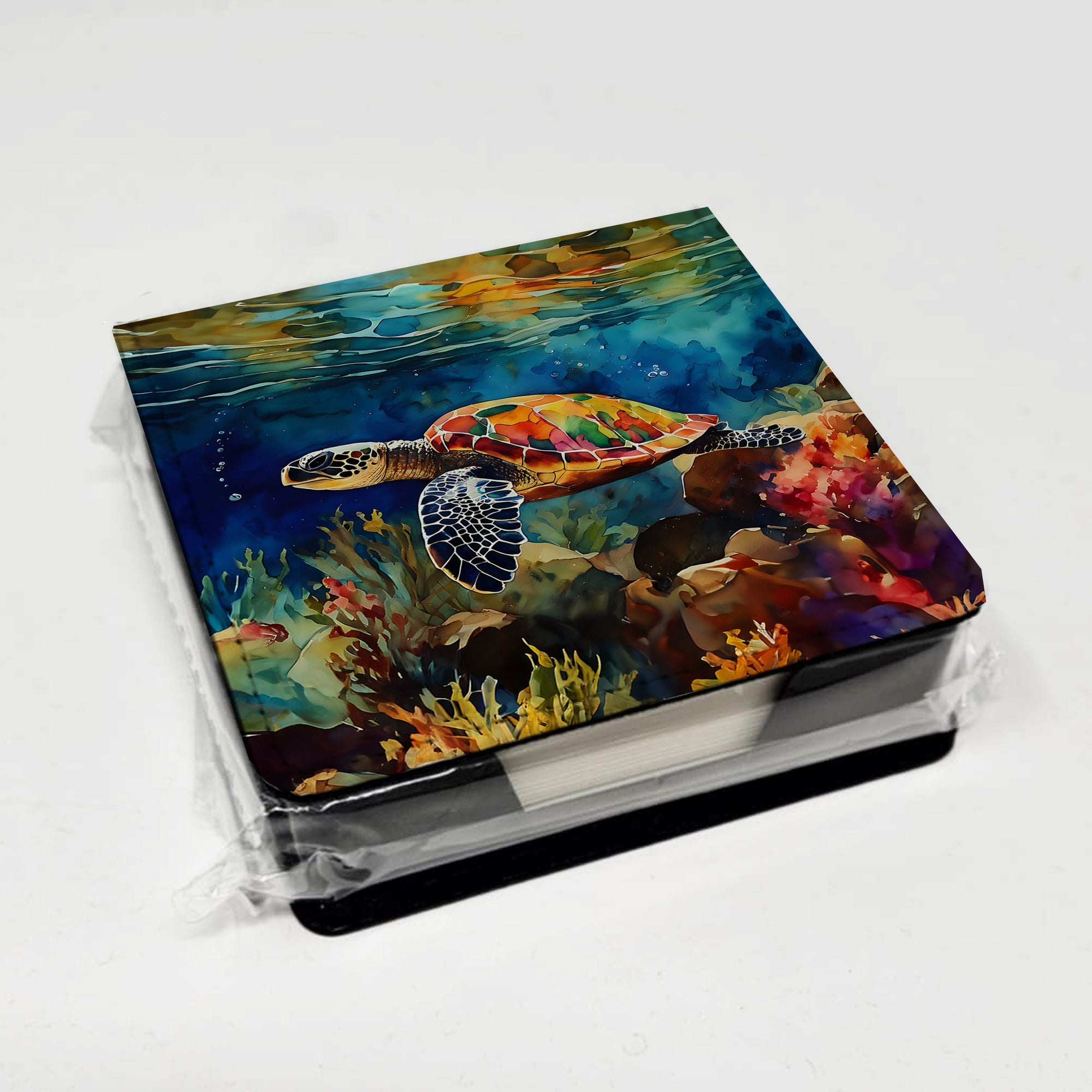 Loggerhead Sea Turtle PU Leather Note Paper Holder with Artist-Designed Cover, Desk Accessory, Office Gift