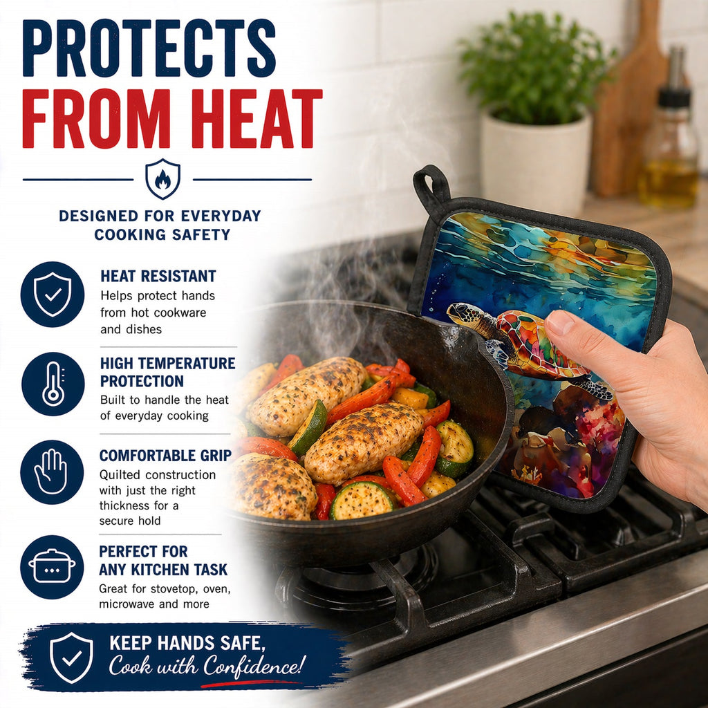 Loggerhead Sea Turtle Pot Holder Set of 2 Heat Resistant Quilted Hot Pads 7.5 x 7.5 Inch, Insulated Kitchen Trivets for Cooking & Baking