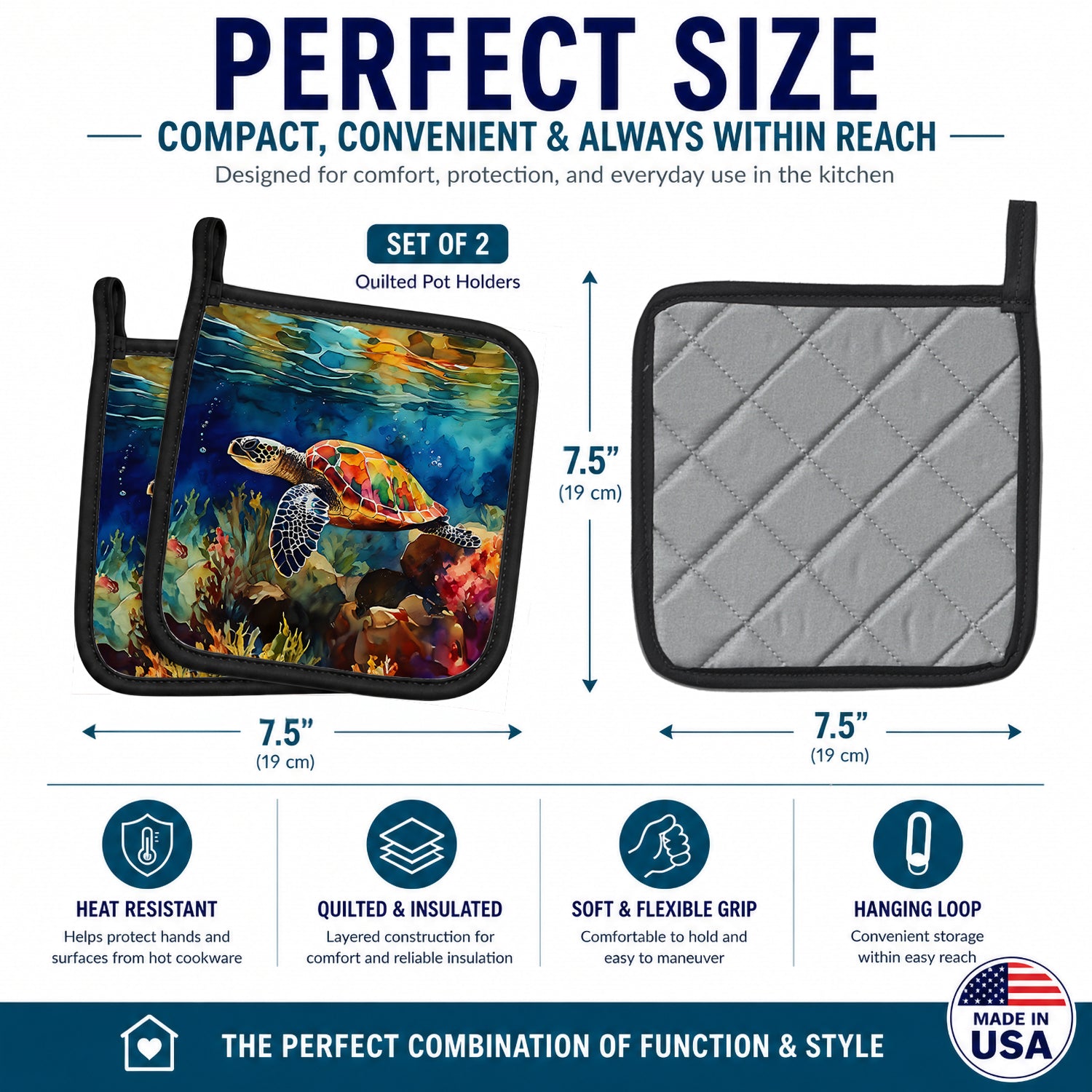 Loggerhead Sea Turtle Pot Holder Set of 2 Heat Resistant Quilted Hot Pads 7.5 x 7.5 Inch, Insulated Kitchen Trivets for Cooking & Baking