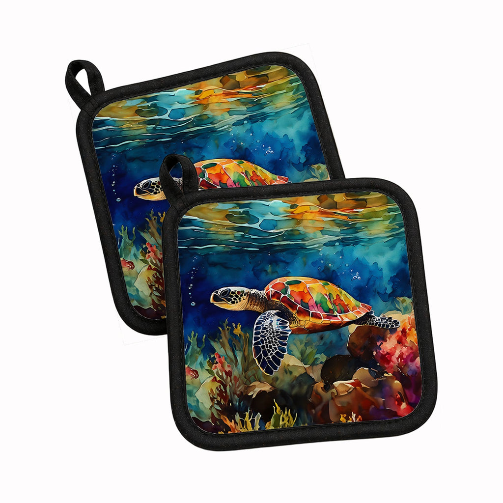 Loggerhead Sea Turtle Pot Holder Set of 2 Heat Resistant Quilted Hot Pads 7.5 x 7.5 Inch, Insulated Kitchen Trivets for Cooking & Baking