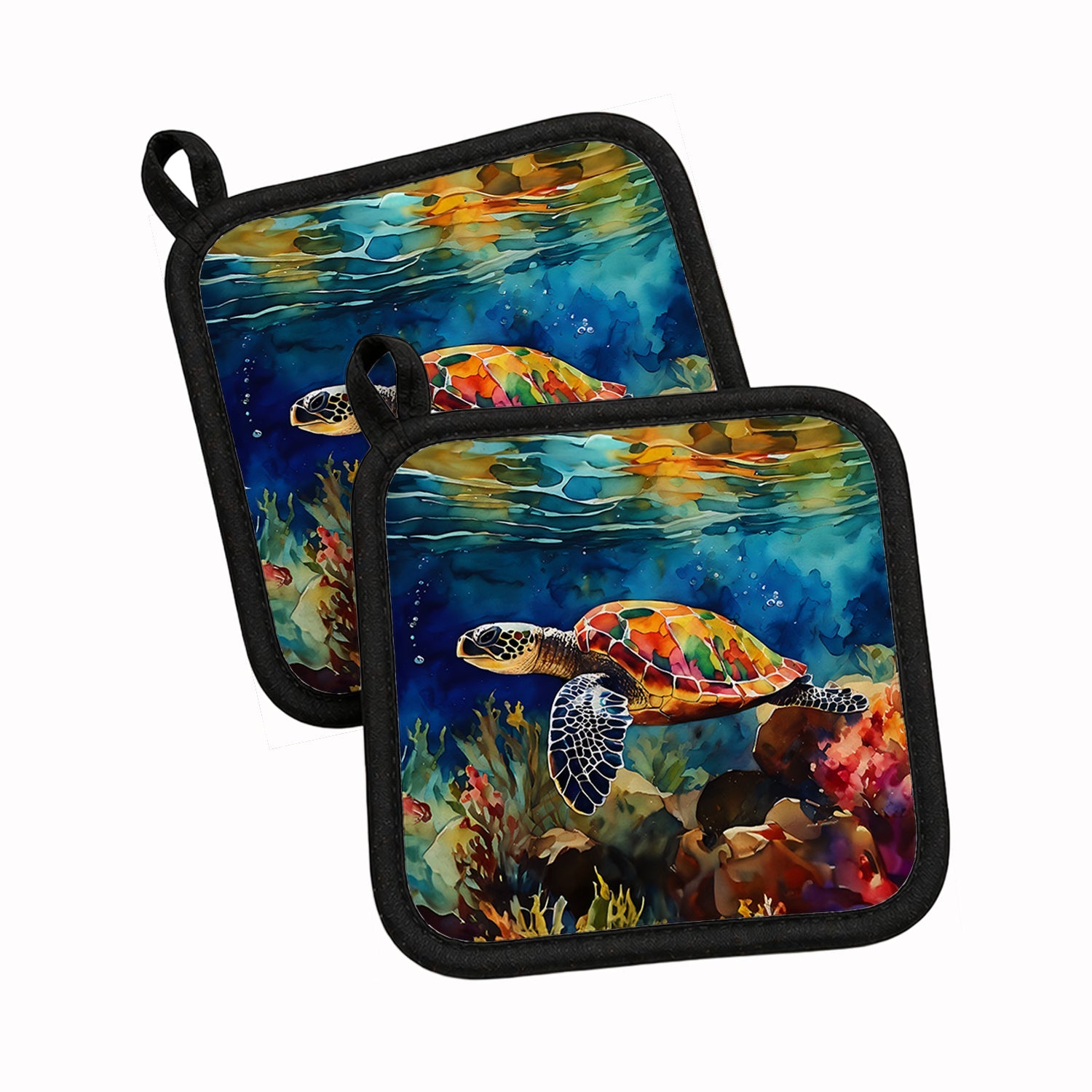 Loggerhead Sea Turtle Pot Holder Set of 2 Heat Resistant Quilted Hot Pads 7.5 x 7.5 Inch, Insulated Kitchen Trivets for Cooking & Baking