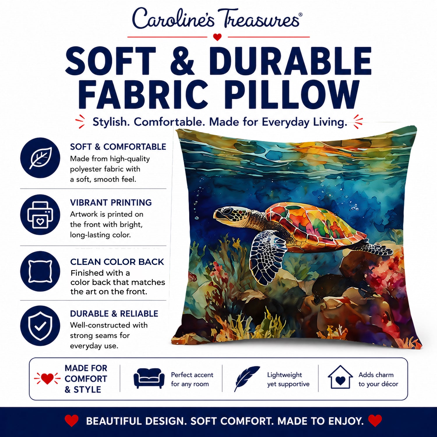 Loggerhead Sea Turtle Decorative Throw Pillow 14x14 Indoor Outdoor Accent Cushion, Fabric Cover with Insert for Sofa, Bed, Porch & Living Room