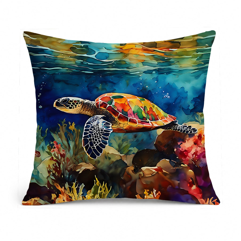 Loggerhead Sea Turtle Decorative Throw Pillow 14x14 Indoor Outdoor Accent Cushion, Fabric Cover with Insert for Sofa, Bed, Porch & Living Room