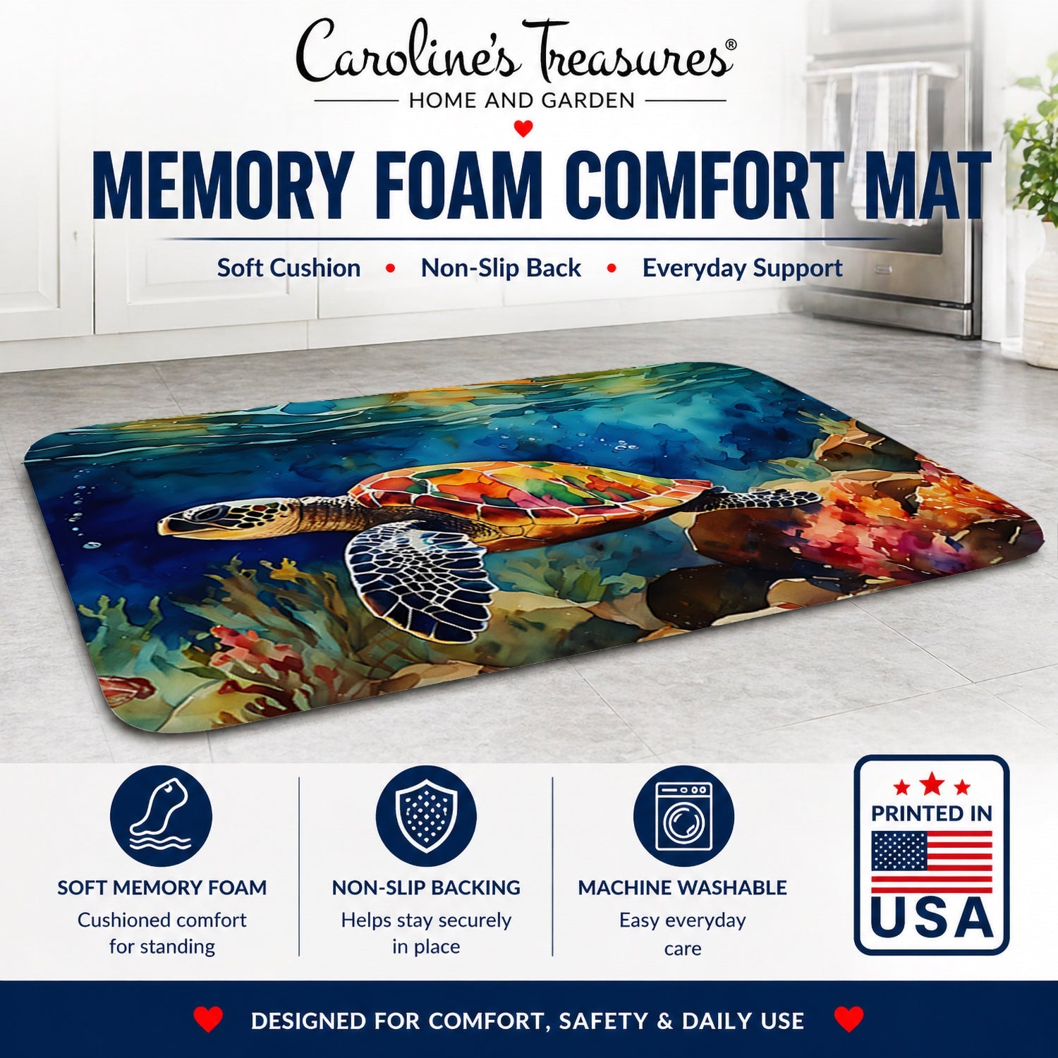 Loggerhead Sea Turtle Memory Foam Kitchen Mat Machine Washable Anti-Fatigue Cushion Comfort Bath or Kitchen Rug