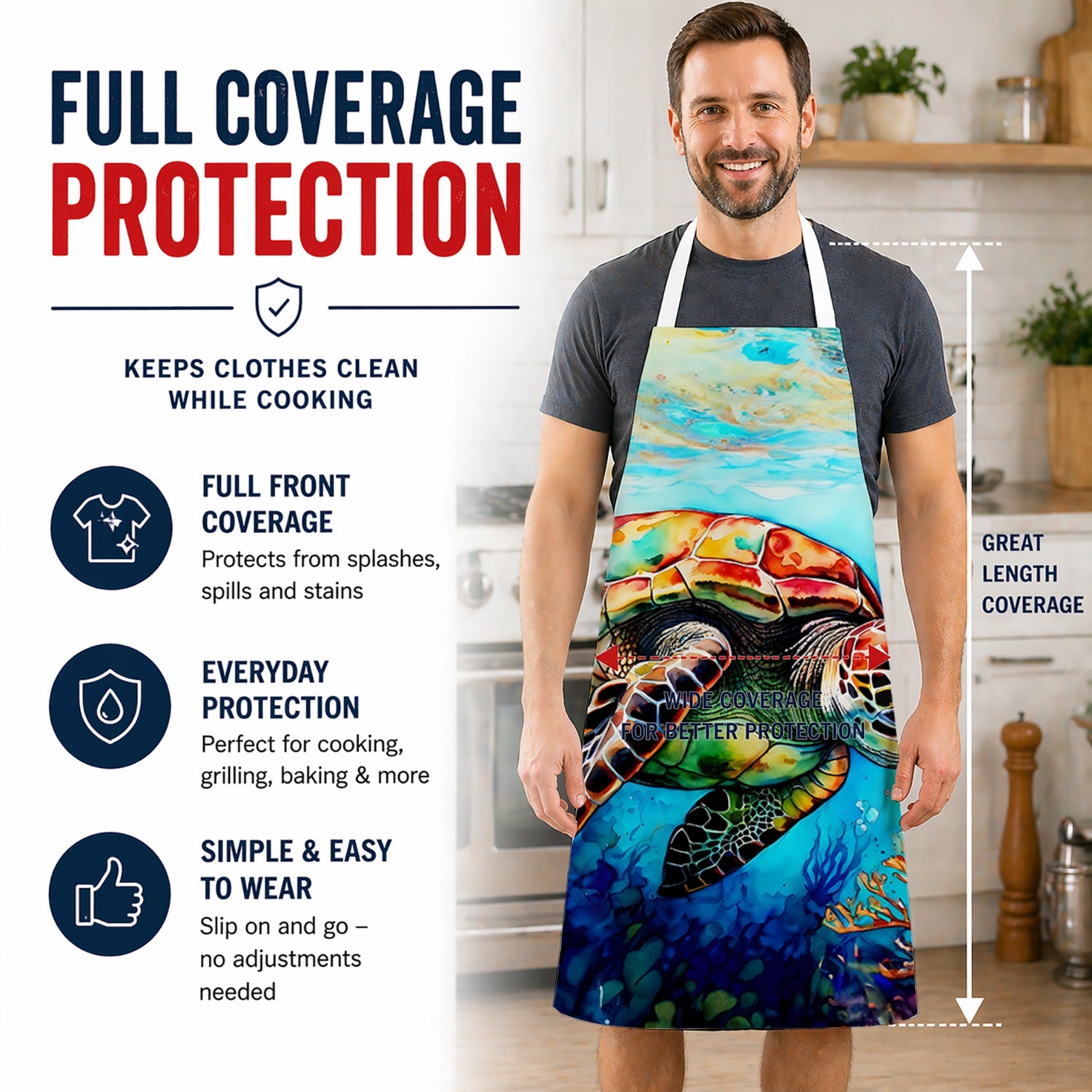 Loggerhead Sea Turtle Apron Cooking Kitchen Server Baking Crafts Gardening for Adult Women Men, Unisex, Large, Multicolor