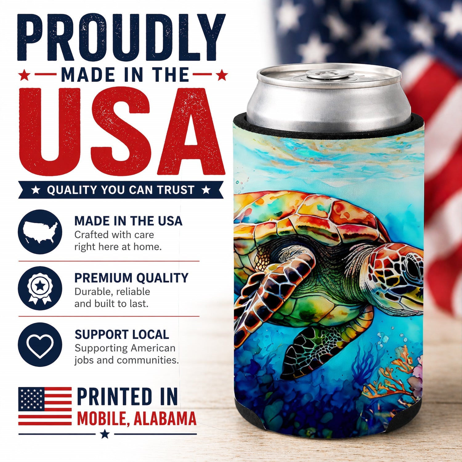 Loggerhead Sea Turtle Can or Bottle Hugger Cooler Sleeve for Standard 12 oz Cans, Insulated Foam Beer & Soda Can Hugger Reusable