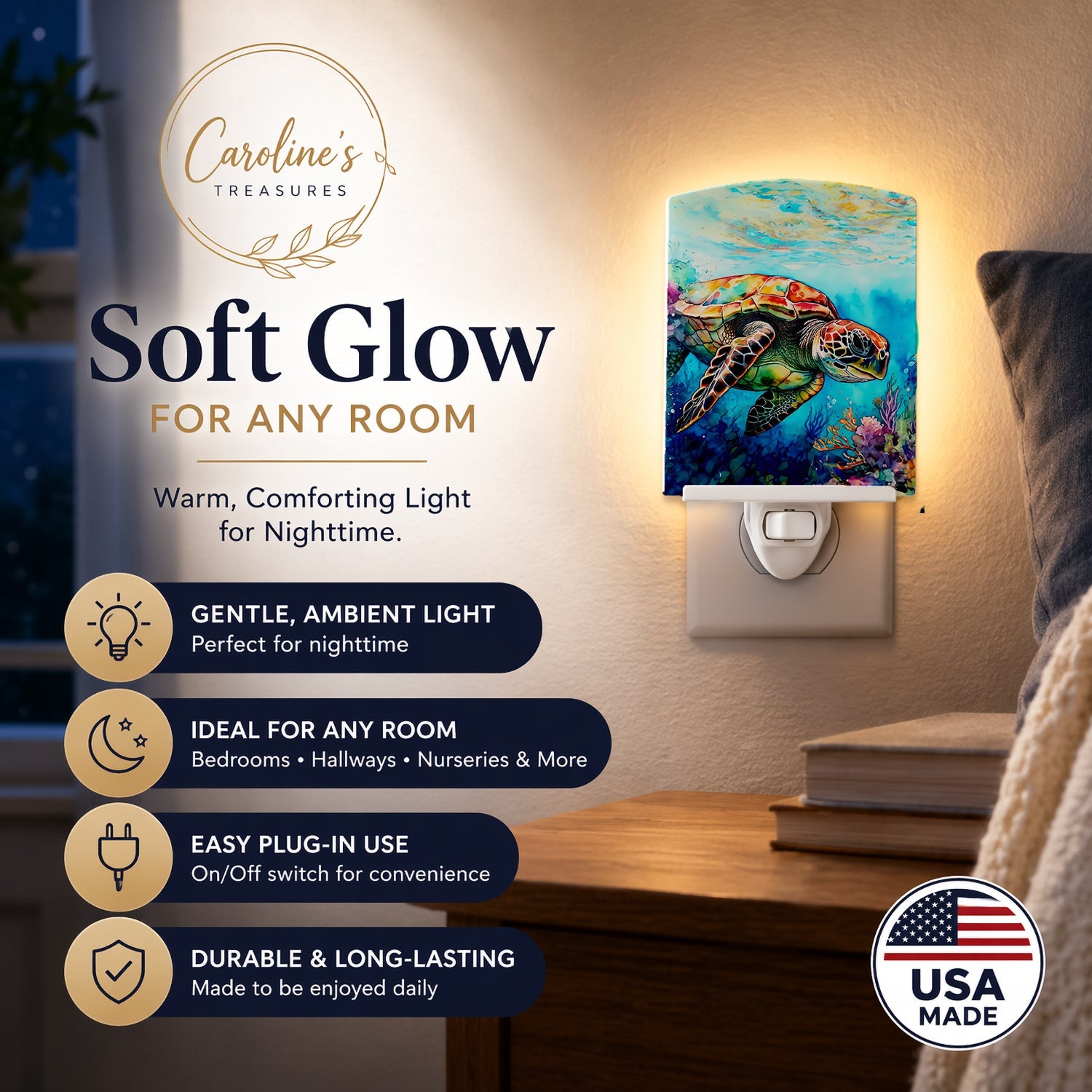 Loggerhead Sea Turtle Ceramic Night Light Compact, UL-Certified, Ideal for Bedroom, Bathroom, Nursery, Hallway, Kitchen, 6x4x3, Multicolor