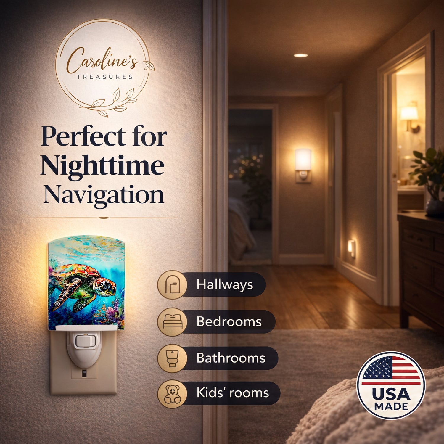 Loggerhead Sea Turtle Ceramic Night Light Compact, UL-Certified, Ideal for Bedroom, Bathroom, Nursery, Hallway, Kitchen, 6x4x3, Multicolor