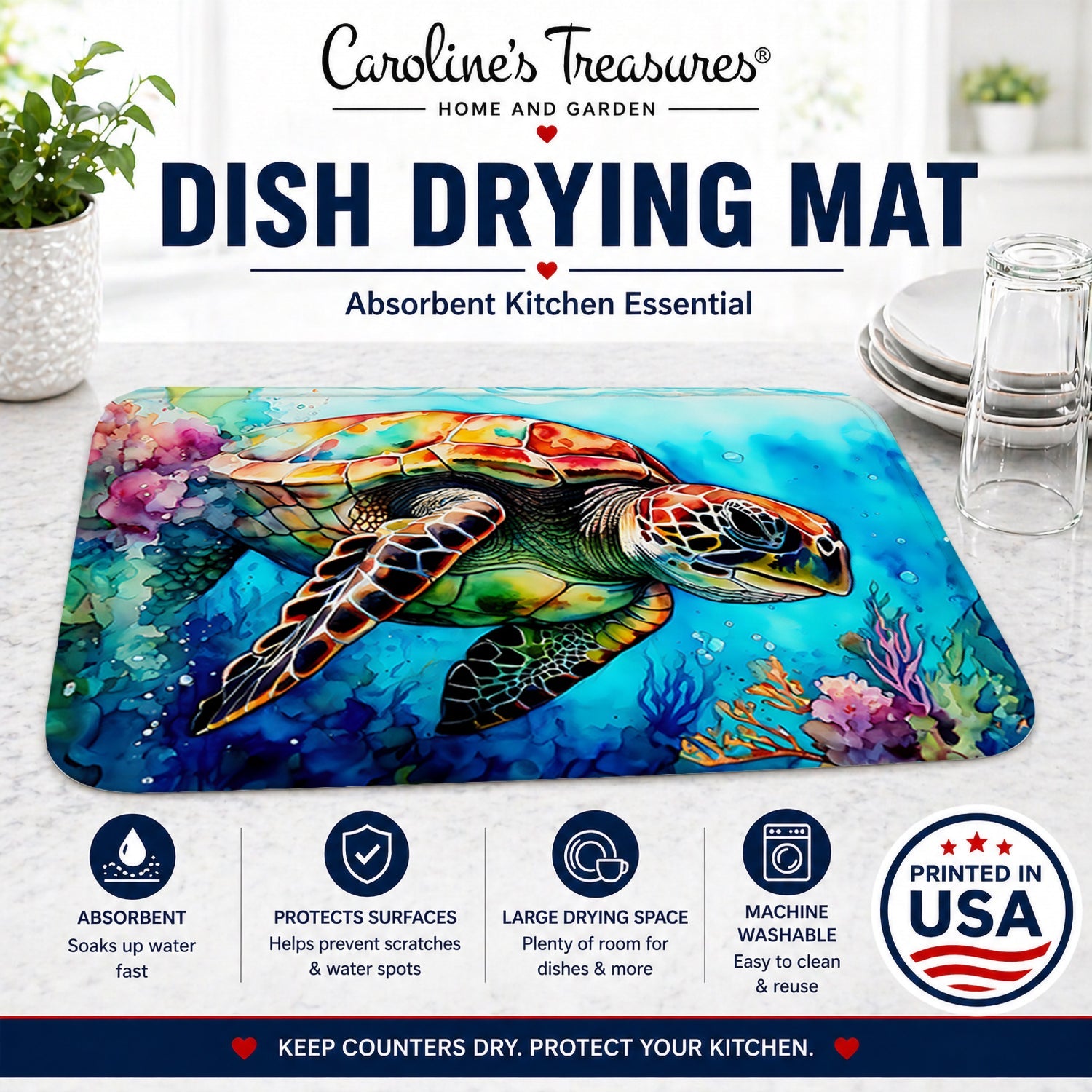 Loggerhead Sea Turtle Dish Drying Mat Absorbent Dish Drying Mat Pad for Kitchen Counter Dish Drainer Mat for Countertop, 14 x 21", Multicolor