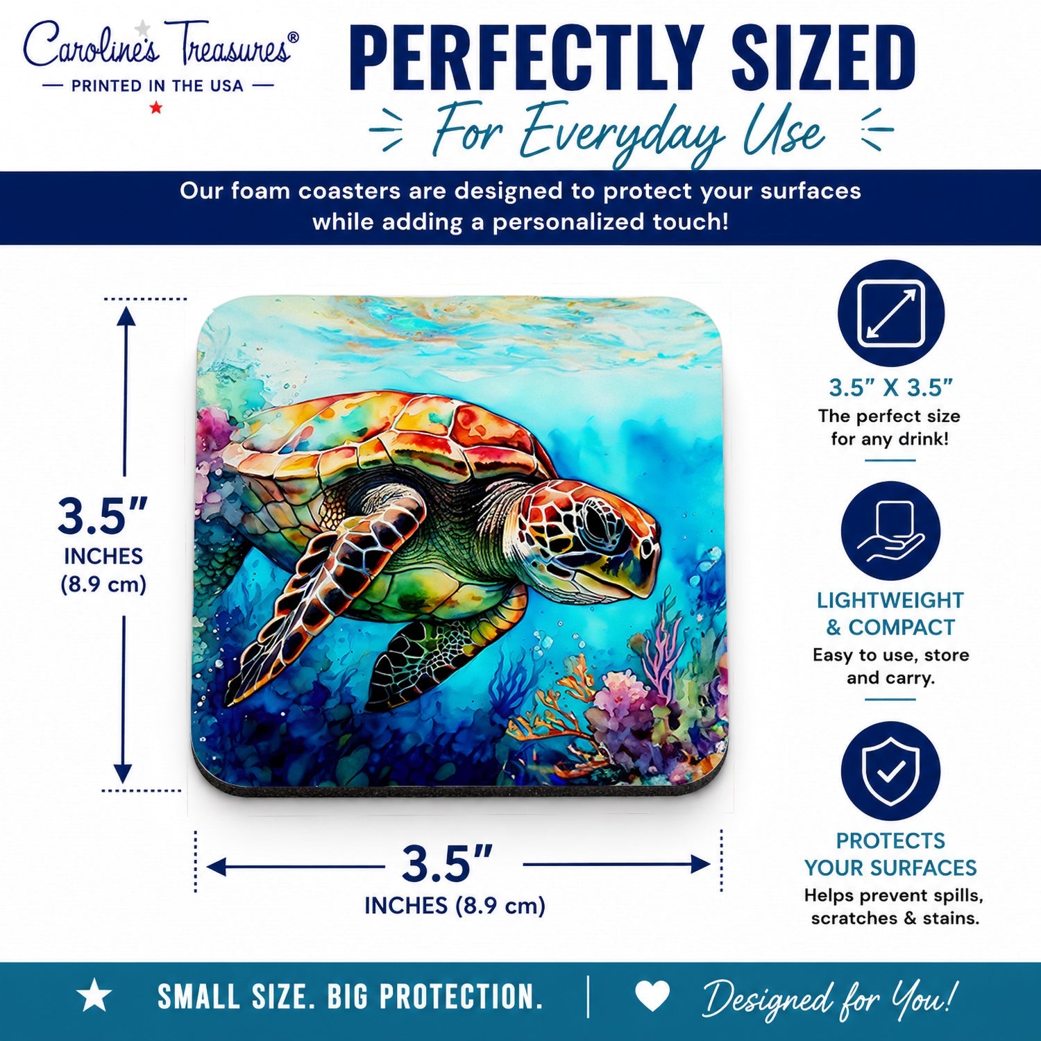 Loggerhead Sea Turtle Foam Coasters Set of 4 Cup Coasters for Indoor Outdoor, Tabletop Protection, Anti Slip, Mouse pad Material
