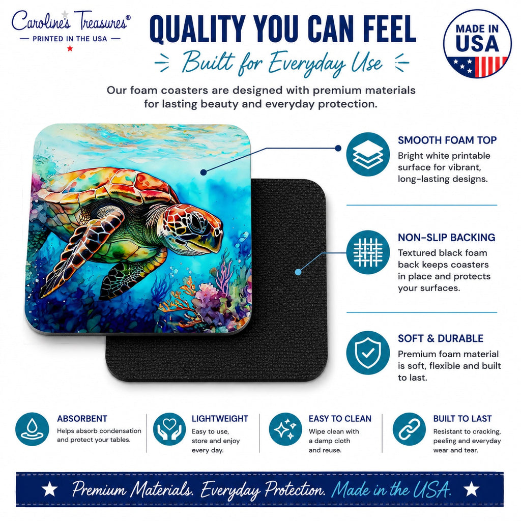 Loggerhead Sea Turtle Foam Coasters Set of 4 Cup Coasters for Indoor Outdoor, Tabletop Protection, Anti Slip, Mouse pad Material
