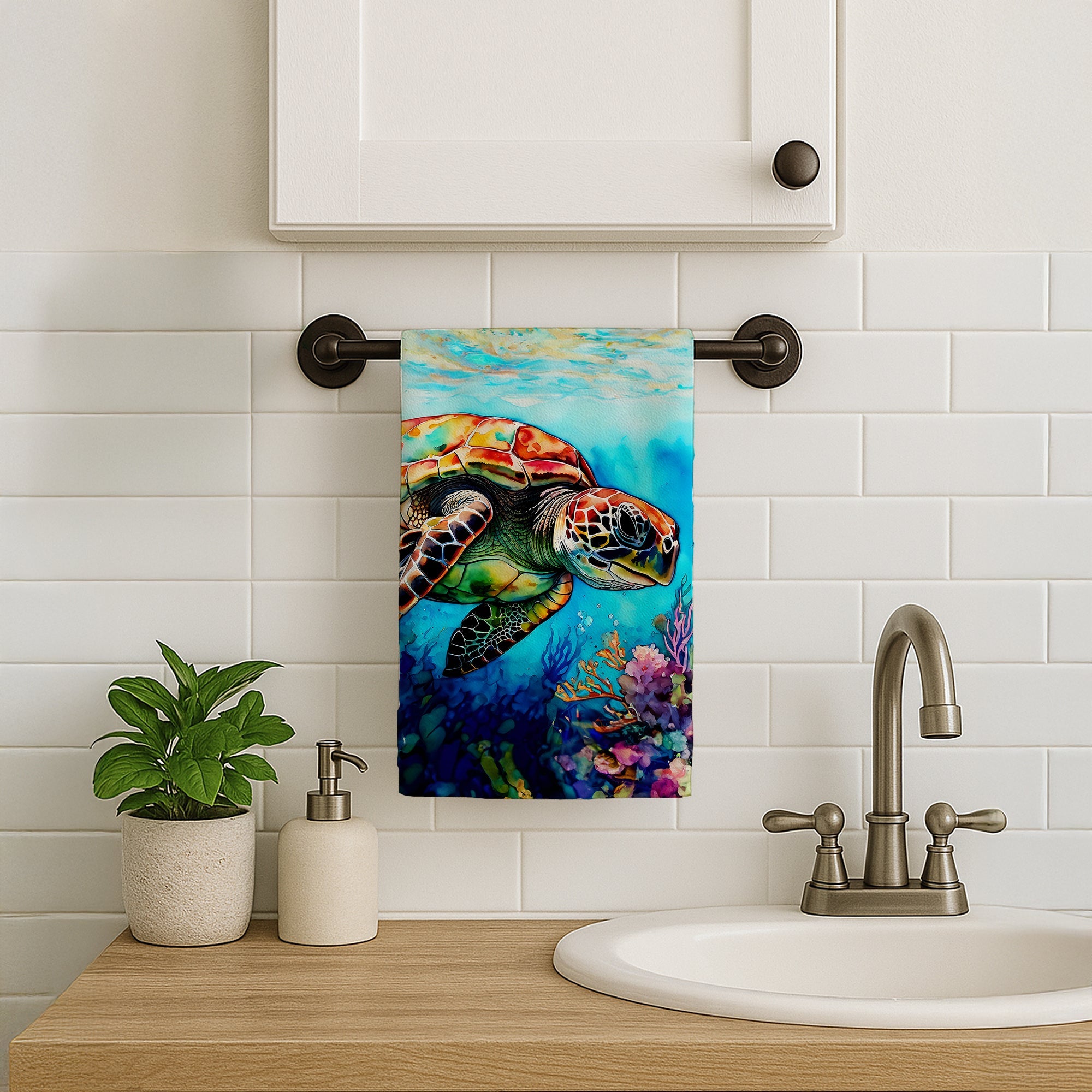 Loggerhead Sea Turtle Kitchen Towel Velour Plush Front and Cotton Loop Back Machine Washable