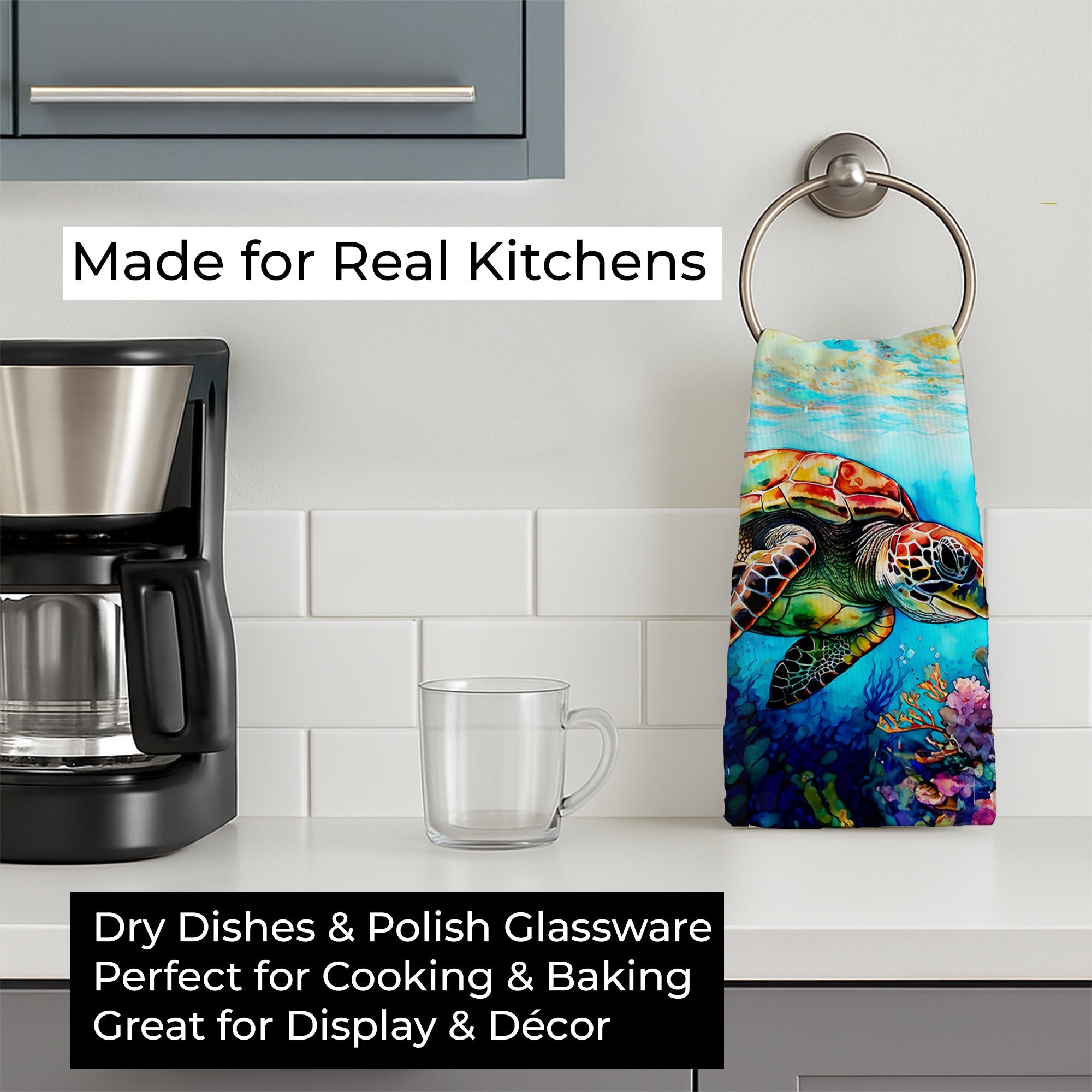 Loggerhead Sea Turtle Kitchen Towel Velour Plush Front and Cotton Loop Back Machine Washable