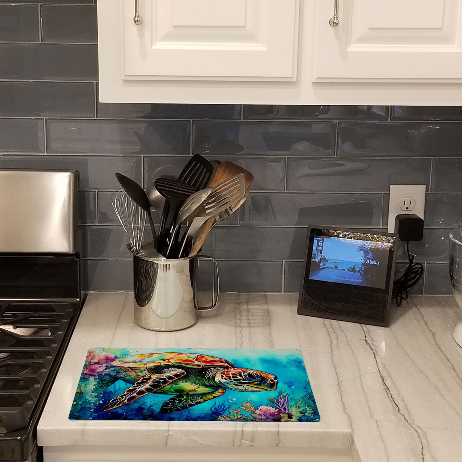 Loggerhead Sea Turtle Cutting Board Tempered Glass Kitchen Cutting Surface, Heat Resistant Chopping, Non-Slip Feet, Food Prep & Serving