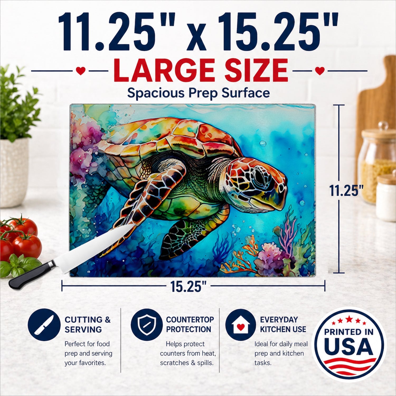 Loggerhead Sea Turtle Cutting Board Tempered Glass Kitchen Cutting Surface, Heat Resistant Chopping, Non-Slip Feet, Food Prep & Serving