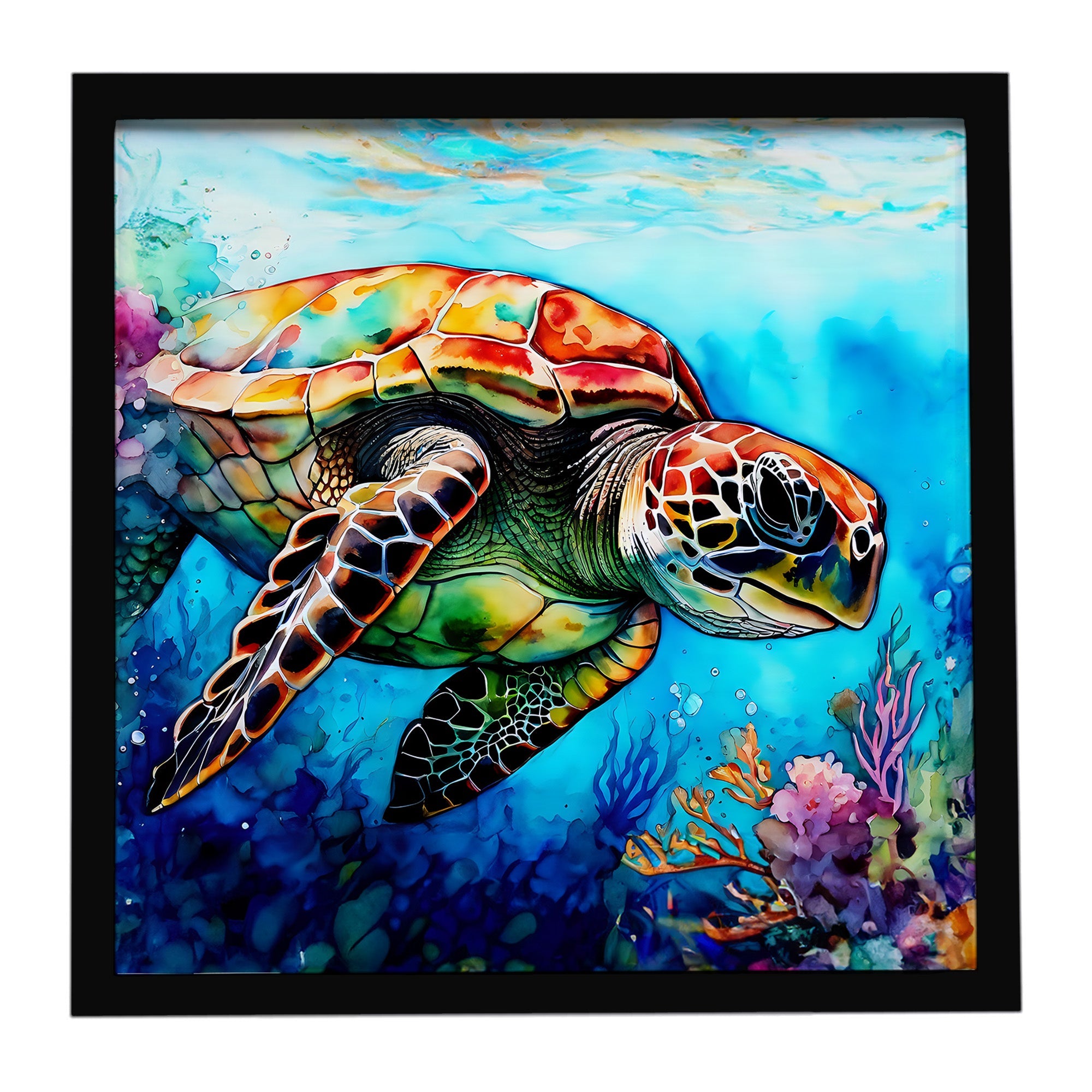 Loggerhead Sea Turtle Framed Metal Print Bathroom, Kitchen, Office, Home Decor Wall Art Ready to Hang, Square, 8X8