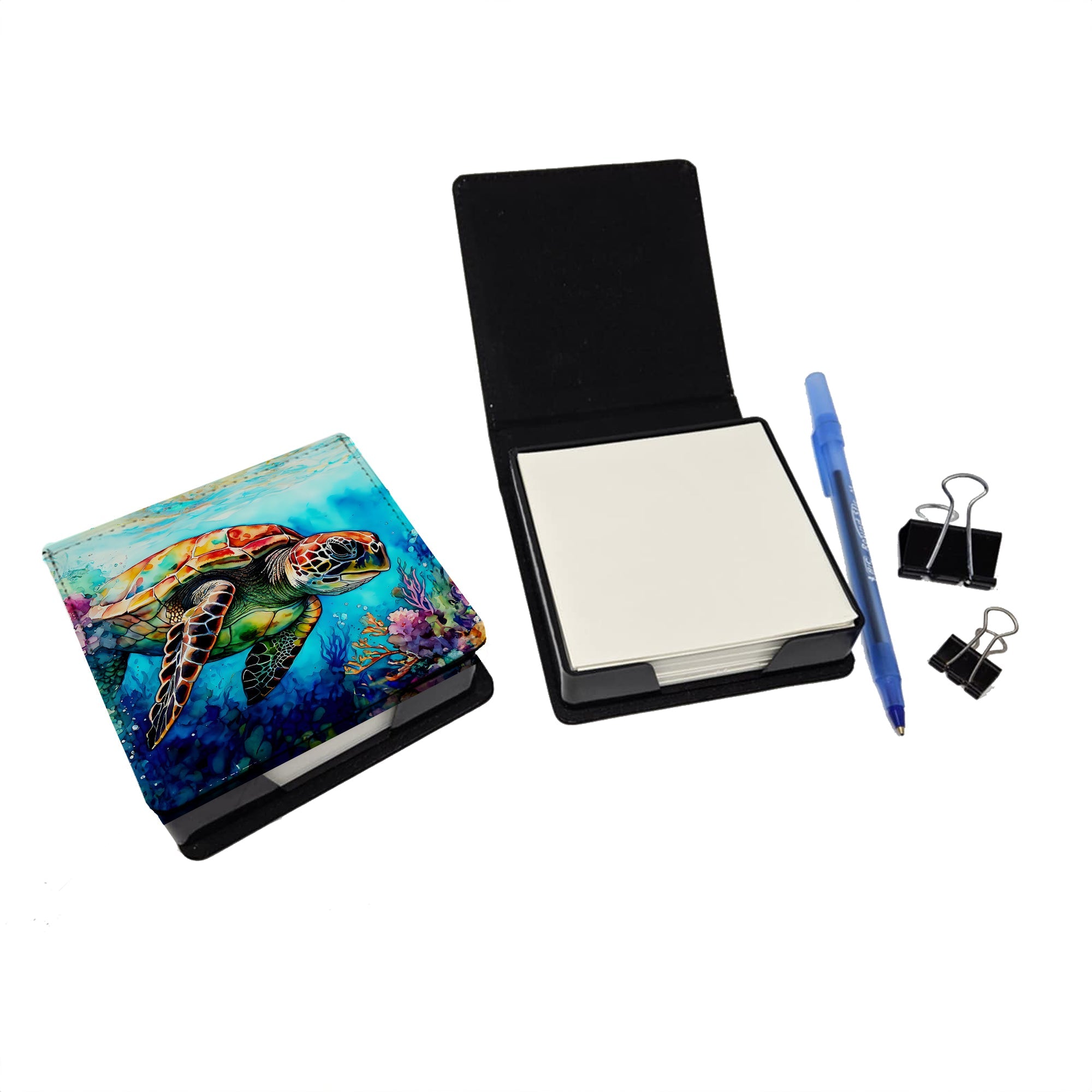 Loggerhead Sea Turtle PU Leather Note Paper Holder with Artist-Designed Cover, Desk Accessory, Office Gift