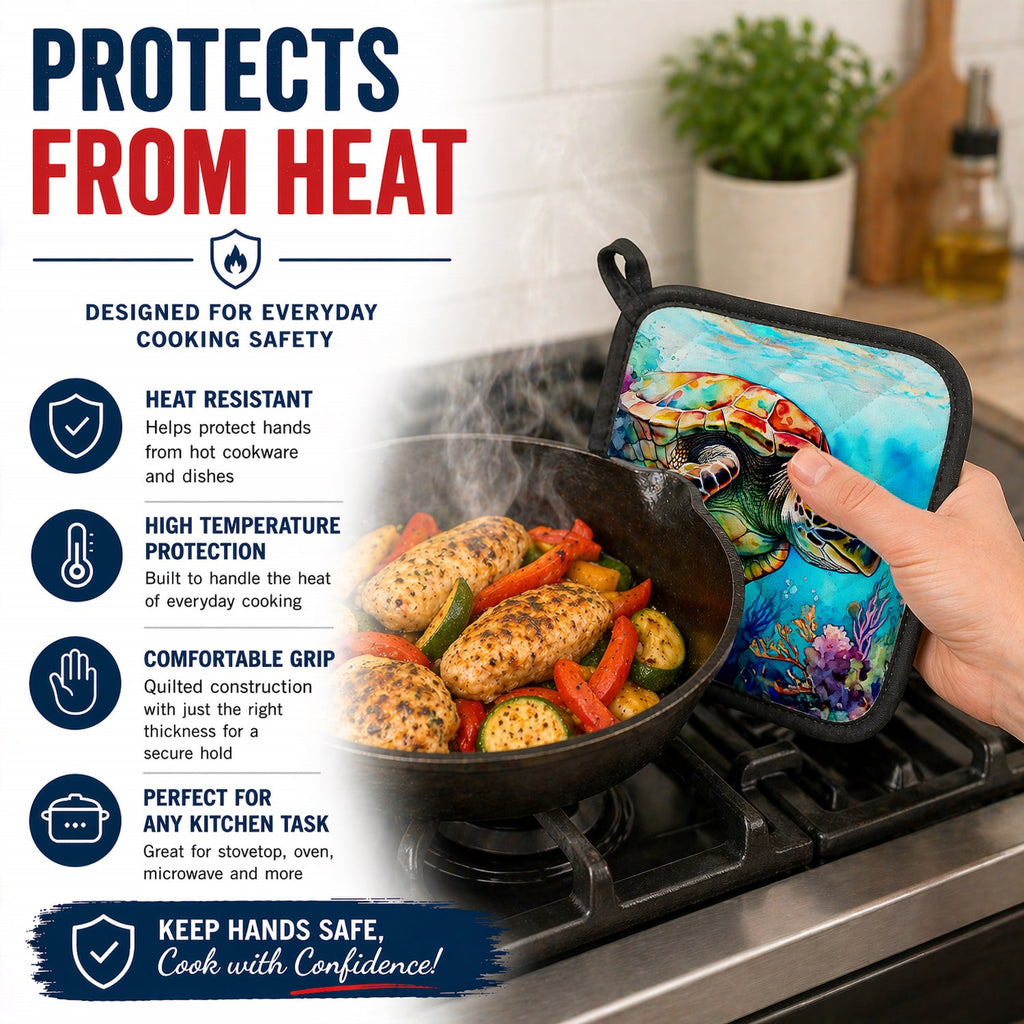 Loggerhead Sea Turtle Pot Holder Set of 2 Heat Resistant Quilted Hot Pads 7.5 x 7.5 Inch, Insulated Kitchen Trivets for Cooking & Baking