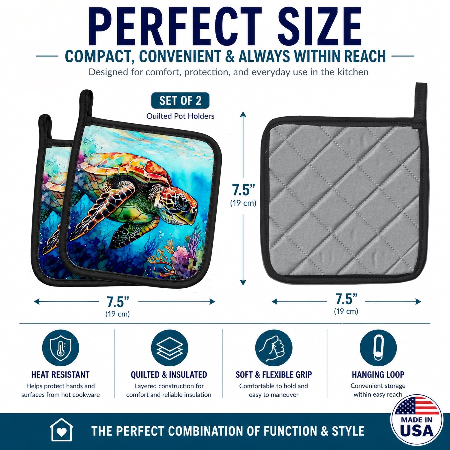 Loggerhead Sea Turtle Pot Holder Set of 2 Heat Resistant Quilted Hot Pads 7.5 x 7.5 Inch, Insulated Kitchen Trivets for Cooking & Baking