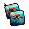 Loggerhead Sea Turtle Pot Holder Set of 2 Heat Resistant Quilted Hot Pads 7.5 x 7.5 Inch, Insulated Kitchen Trivets for Cooking & Baking