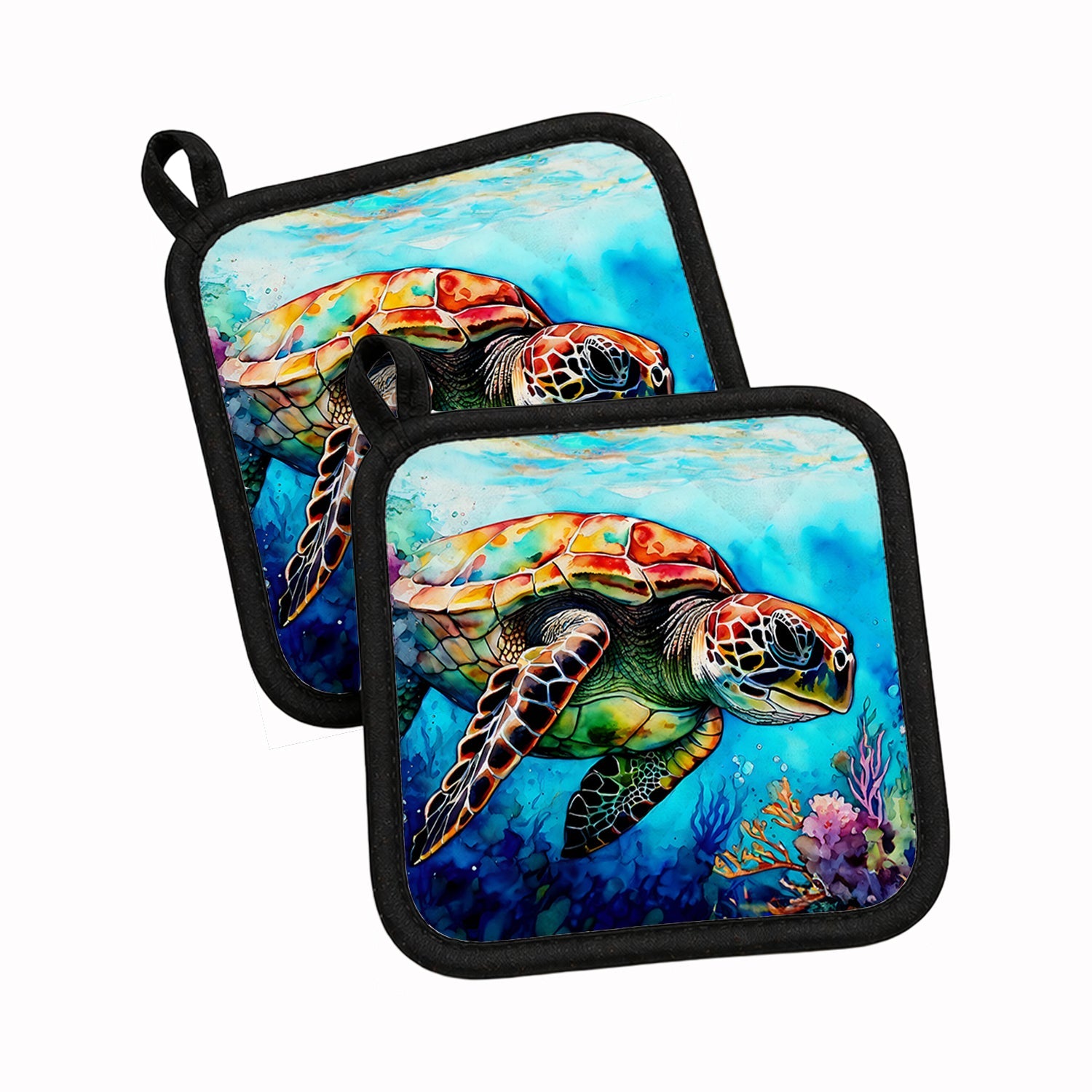 Loggerhead Sea Turtle Pot Holder Set of 2 Heat Resistant Quilted Hot Pads 7.5 x 7.5 Inch, Insulated Kitchen Trivets for Cooking & Baking