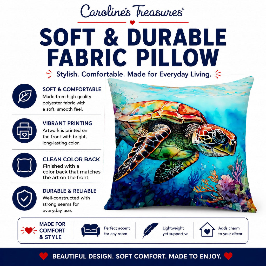 Loggerhead Sea Turtle Decorative Throw Pillow 14x14 Indoor Outdoor Accent Cushion, Fabric Cover with Insert for Sofa, Bed, Porch & Living Room