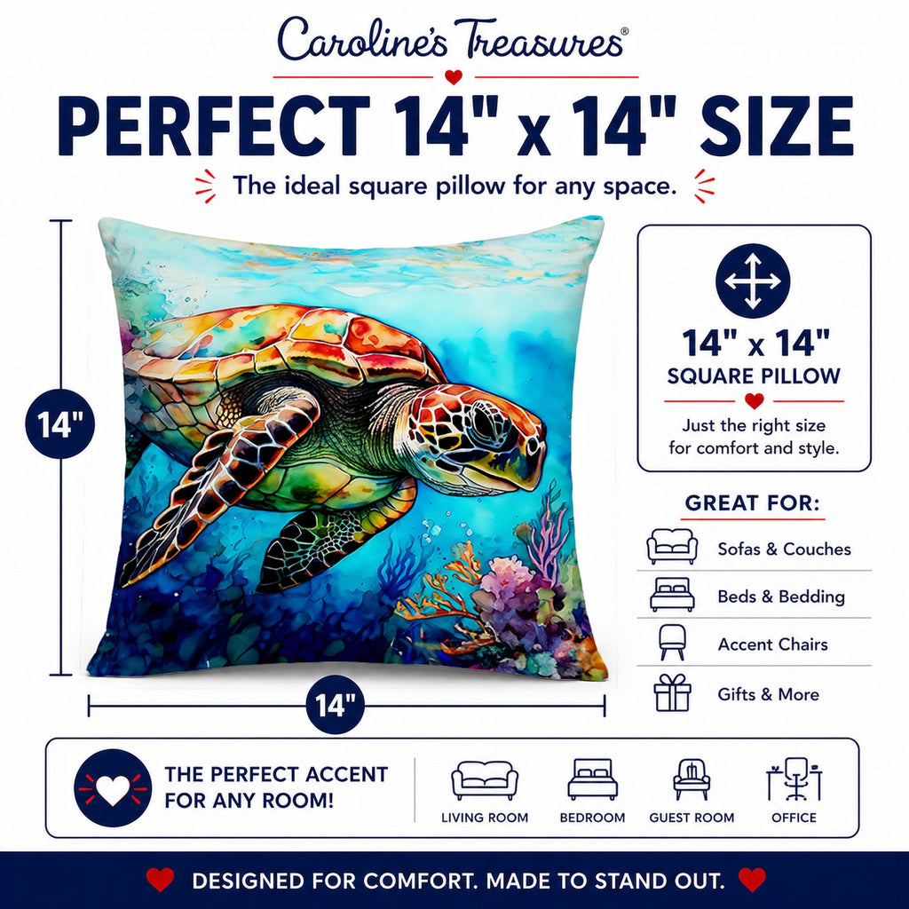 Loggerhead Sea Turtle Decorative Throw Pillow 14x14 Indoor Outdoor Accent Cushion, Fabric Cover with Insert for Sofa, Bed, Porch & Living Room