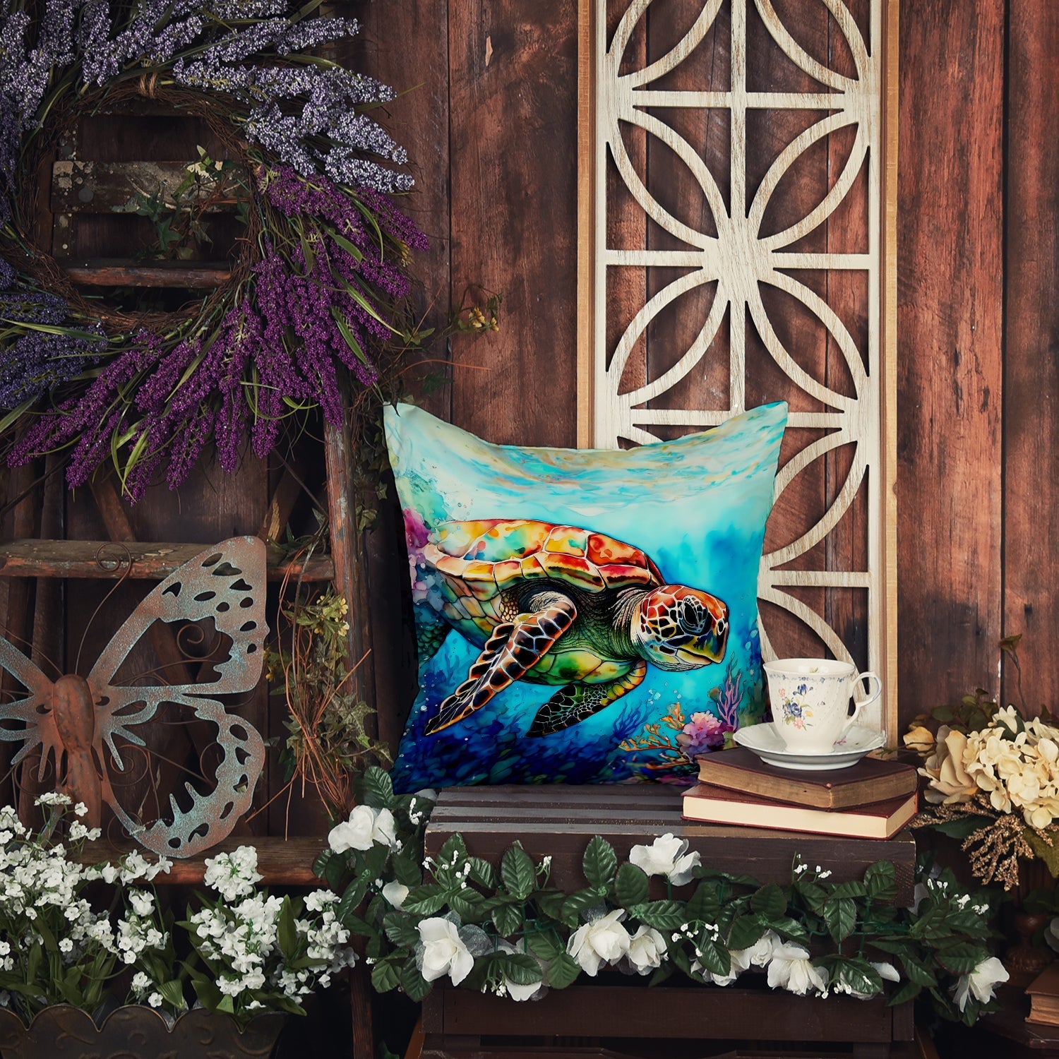 Loggerhead Sea Turtle Decorative Throw Pillow 18x18 Indoor Outdoor Accent Cushion, Fabric Cover with Insert for Sofa, Bed, Porch & Living Room
