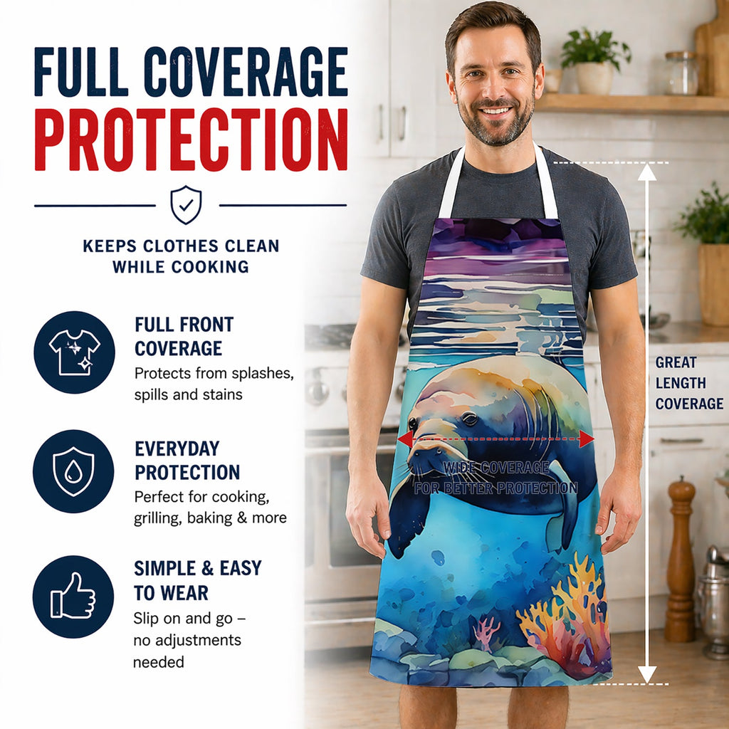 Manatee Apron Cooking Kitchen Server Baking Crafts Gardening for Adult Women Men, Unisex, Large, Multicolor
